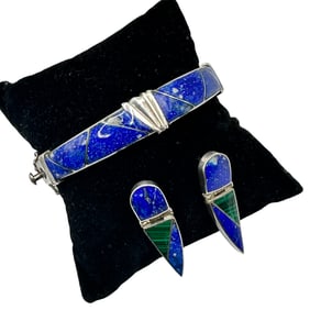 Vintage Lapis Lazuli Bracelet and Earrings in Sterling Silver