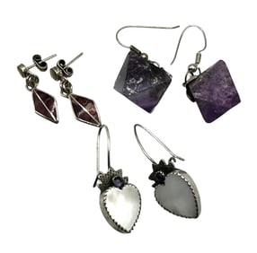 Trio of Amethyst and Mother of Pearl Sterling Earrings