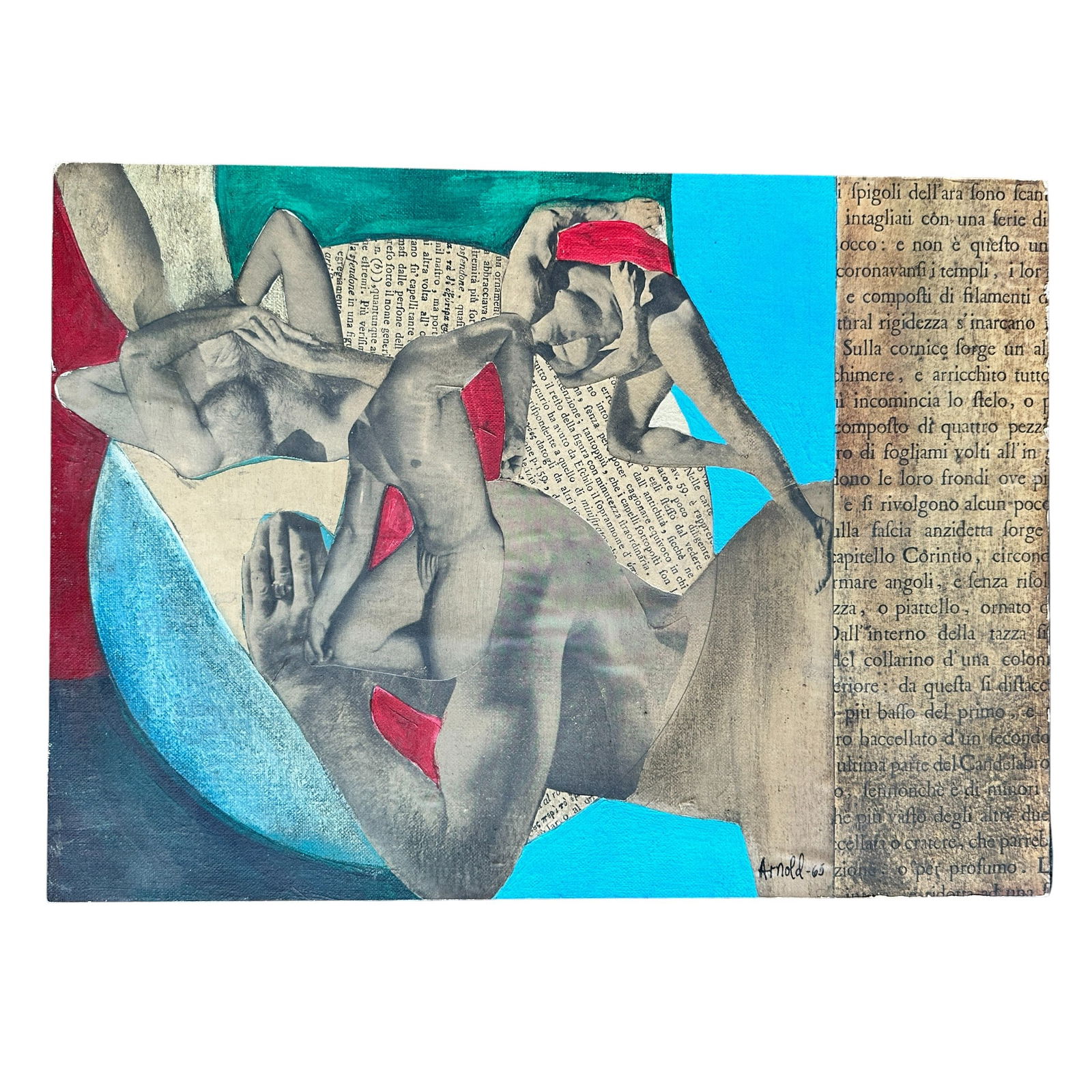 Ralph Moffatt Arnold Mixed Media Collage: Ralph Moffatt Arnold (American, 20th century) was an artist associated with the Chicago art community, known for figurative and expressive works that reflect mid-century modern and regional studio tra