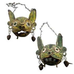Pair of 1950s Mexican Painted Tin Cat Face Dance Masks