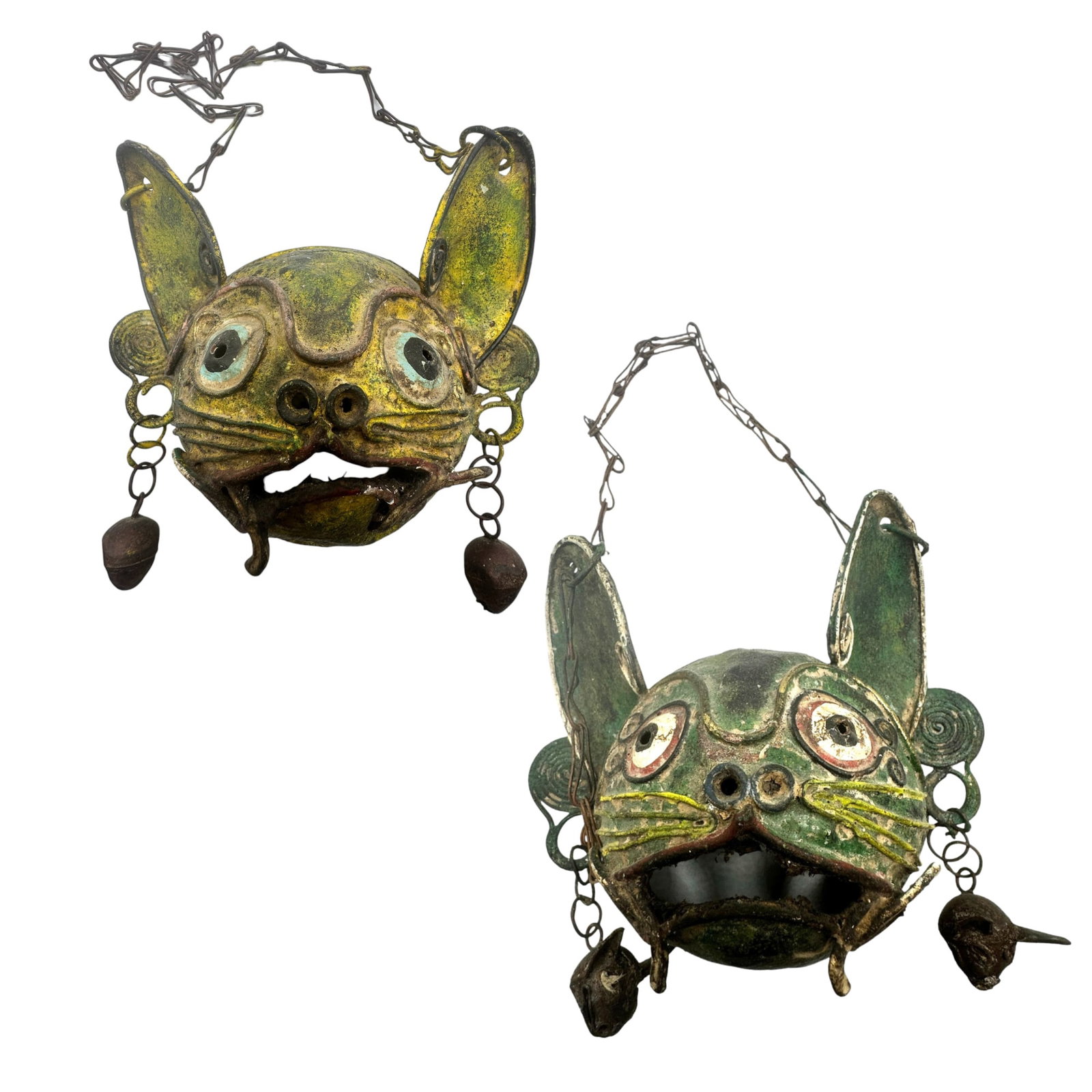 Pair of 1950s Mexican Painted Tin Cat Face Dance Masks (1 of 15)