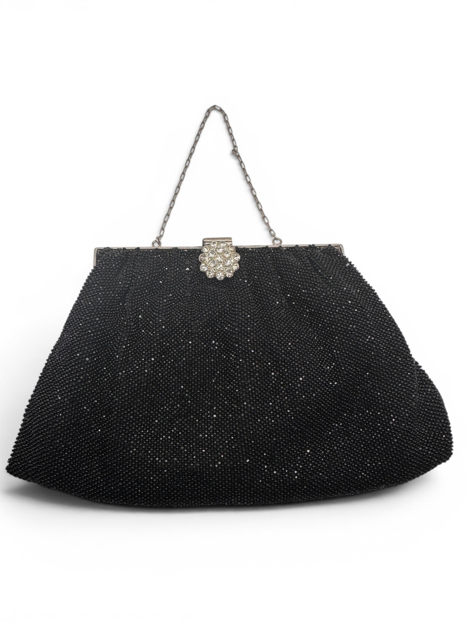 Vintage Black Beaded Bag: Measures 8" wide x 5" tall. Refer to photos for additional condition information as they are a part of the description. Please note lots may show signs of wear commensurate with age and use, and the l