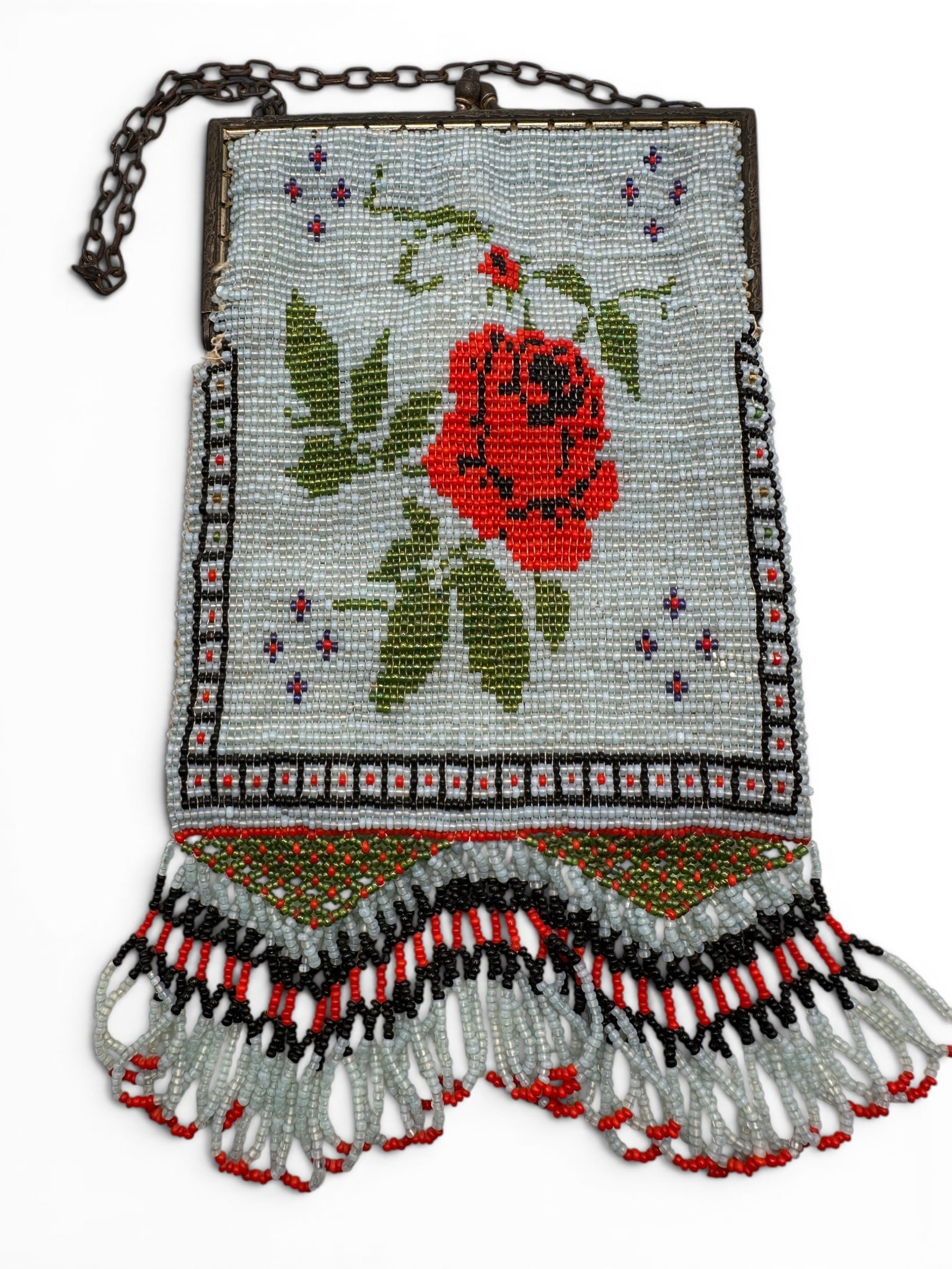 Antique Floral Beaded Purse: Measures 9" tall x 5" wide. Chain strap measures 12" long from end to end. Refer to photos for additional condition information as they are a part of the description. Please note lots may show signs o