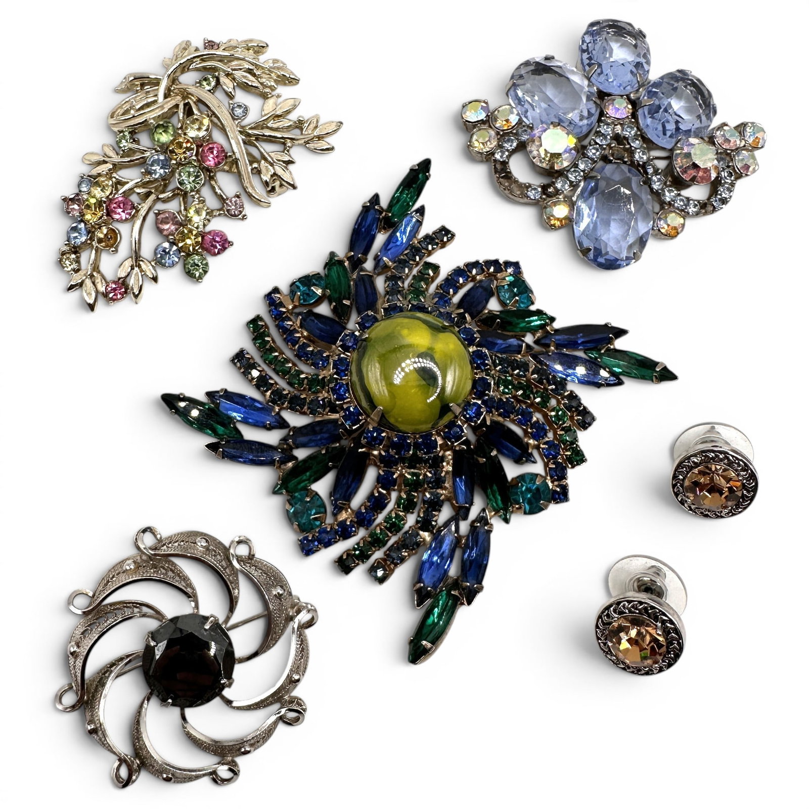 Assortment of Vintage Brooches: Some missing stones. Refer to photos for additional condition information as they are a part of the description. Please note lots may show signs of wear commensurate with age and use, and the lack of 