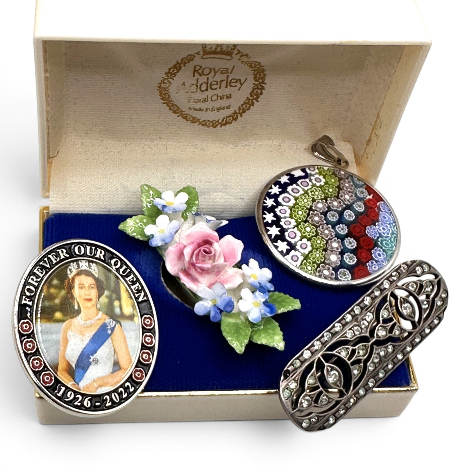 Royal Adderly Brooch, Venetian Glass Pendant and More: Refer to photos for additional condition information as they are a part of the description. Please note lots may show signs of wear commensurate with age and use, and the lack of a statement regarding