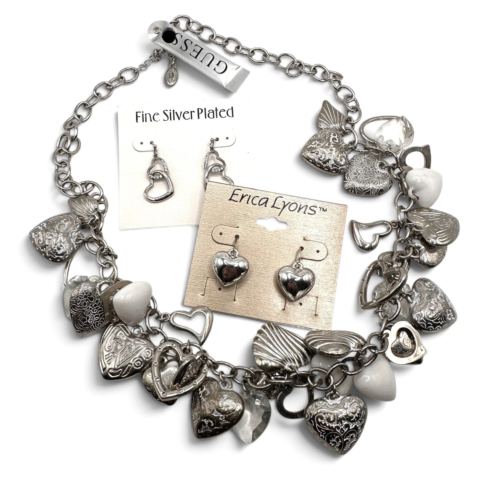 Guess Puffy Heart Necklace with Earrings New with Tags: Necklace measures 22" long from end to end. Refer to photos for additional condition information as they are a part of the description. Please note lots may show signs of wear commensurate with age an