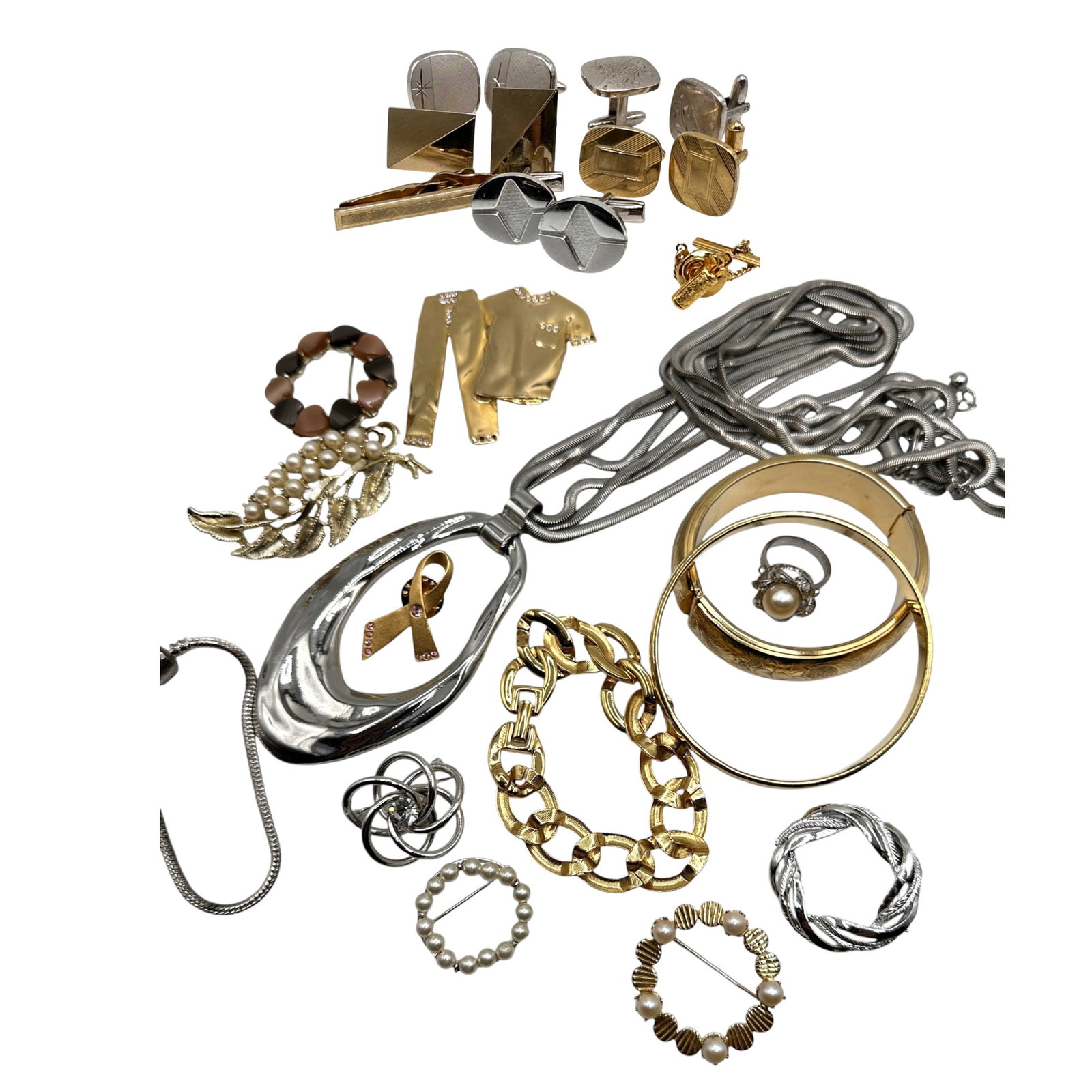 Lot of Vintage Cufflinks and Costume Jewelry: Silvertone necklace measures 30" from end to end. Refer to photos for additional condition information as they are a part of the description. Please note lots may show signs of wear commensurate with 