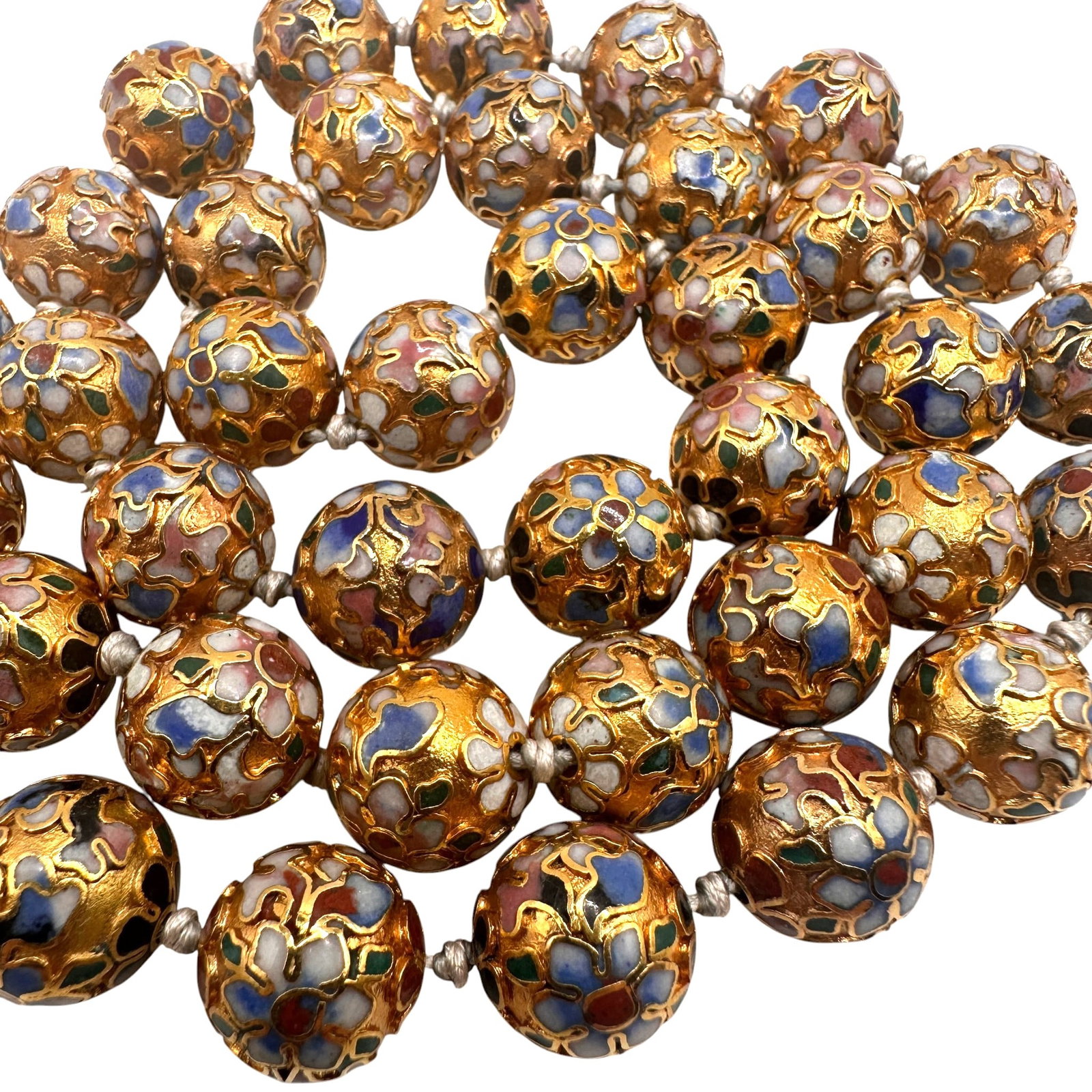 Vintage Chinese Champleve Cloisonne Enamel Bead Necklace: Measures 26" from end to end. Refer to photos for additional condition information as they are a part of the description. Please note lots may show signs of wear commensurate with age and use, and the