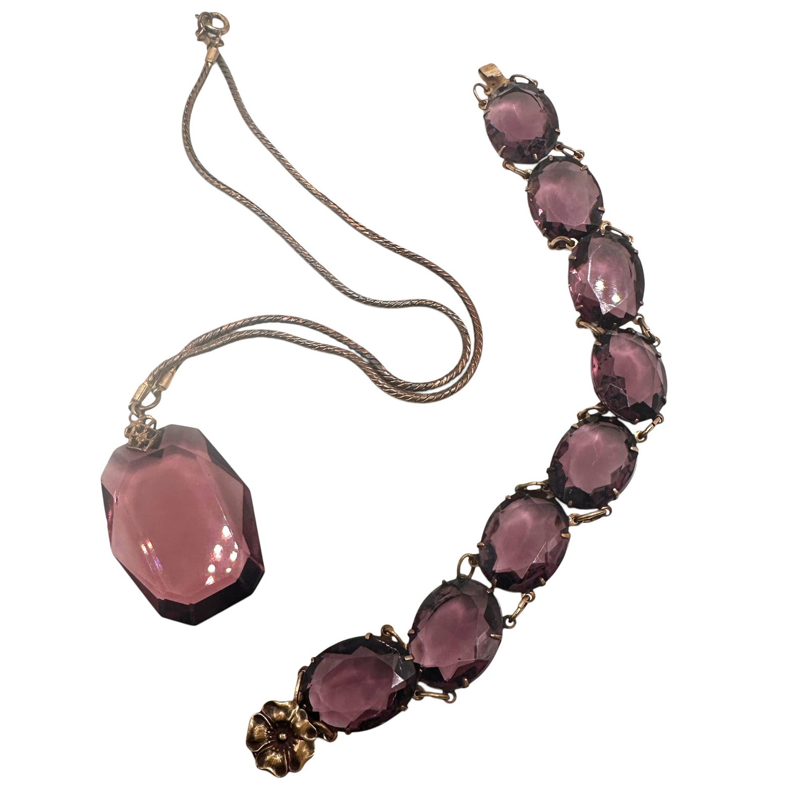 Antique Purple Gemstone Necklace and Bracelet: Bracelet measures 7" long. Necklace measures 15" from end to end. Refer to photos for additional condition information as they are a part of the description. Please note lots may show signs of wear
