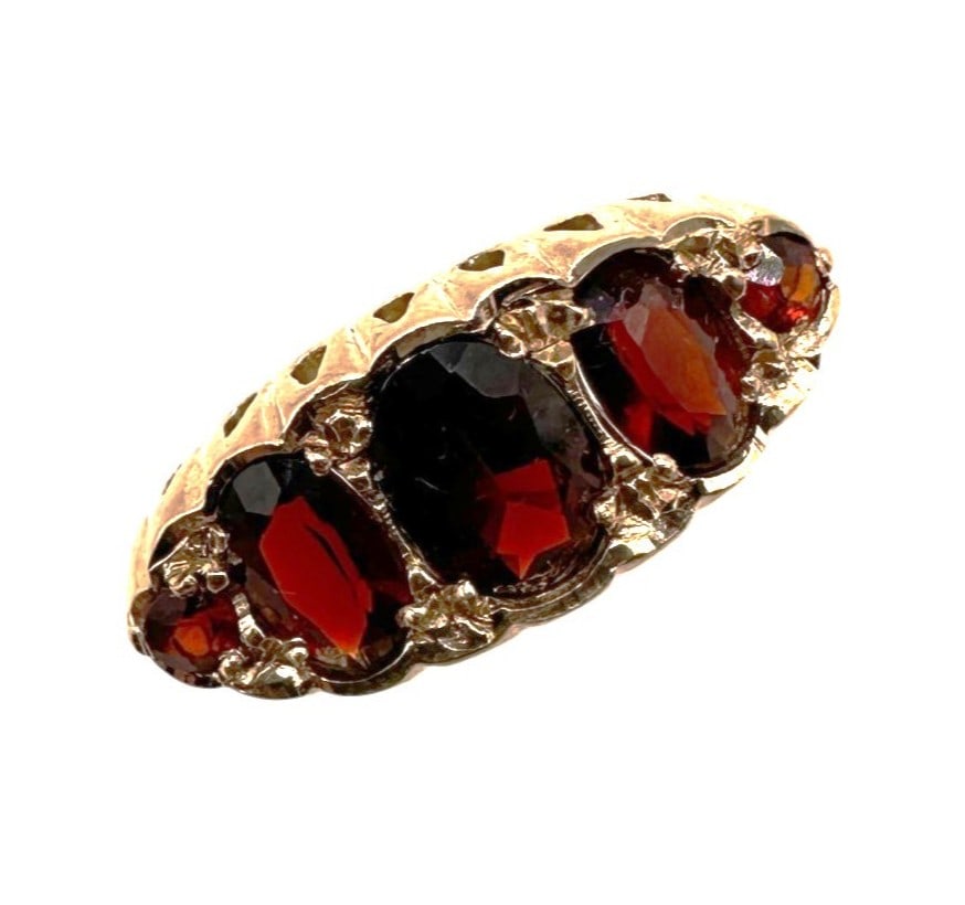 Antique 9K Gold Garnet Ring: Ring size 8 1/2. Weighs 3 grams. Refer to photos for additional condition information as they are a part of the description. Please note lots may show signs of wear commensurate with age and use, and 