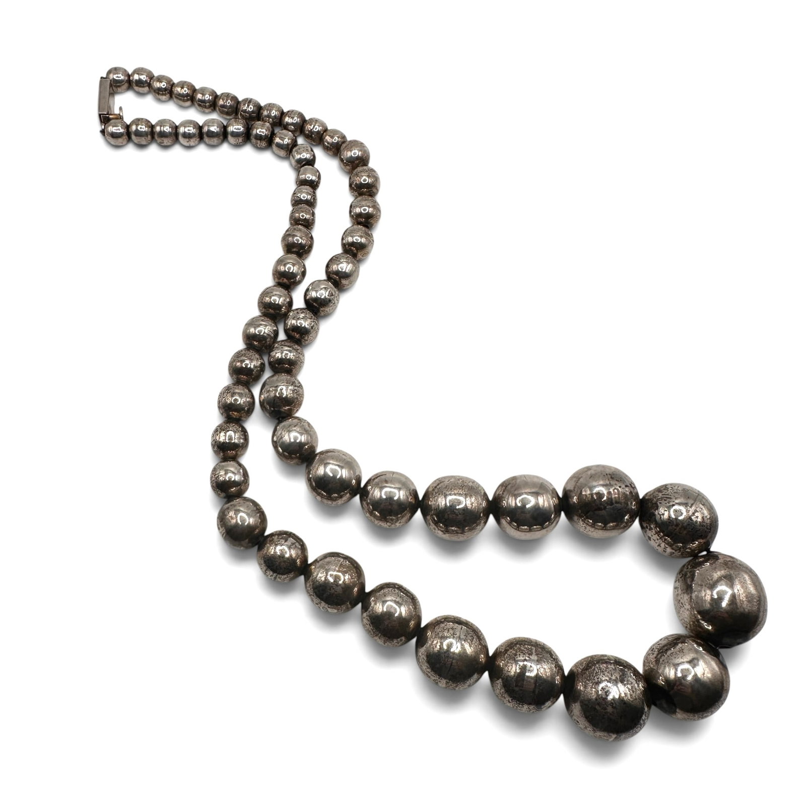 Vintage Mexican Sterling Silver Bead Necklace: Measures 24" from end to end. Weight 112 grams. Refer to photos for additional condition information as they are a part of the description. Please note lots may show signs of wear commensurate with ag