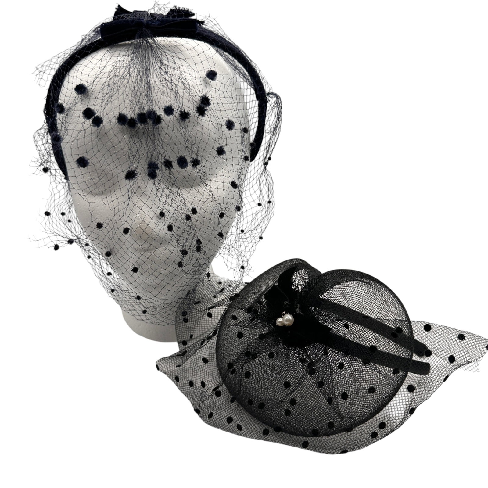 Pair of Vintage Head Pieces: Some losses and tears to the netting. Refer to photos for additional condition information as they are a part of the description. Please note lots may show signs of wear commensurate with age and