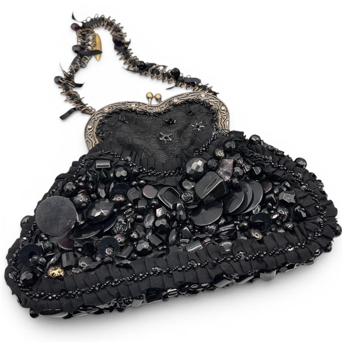 Mary Frances Black Bejeweled Handbag with Dustbag: Measures 7 1/2" tall by 9 1/2" wide. Handle measures 6" long. Refer to photos for additional condition information as they are a part of the description. Please note lots may show signs of wear