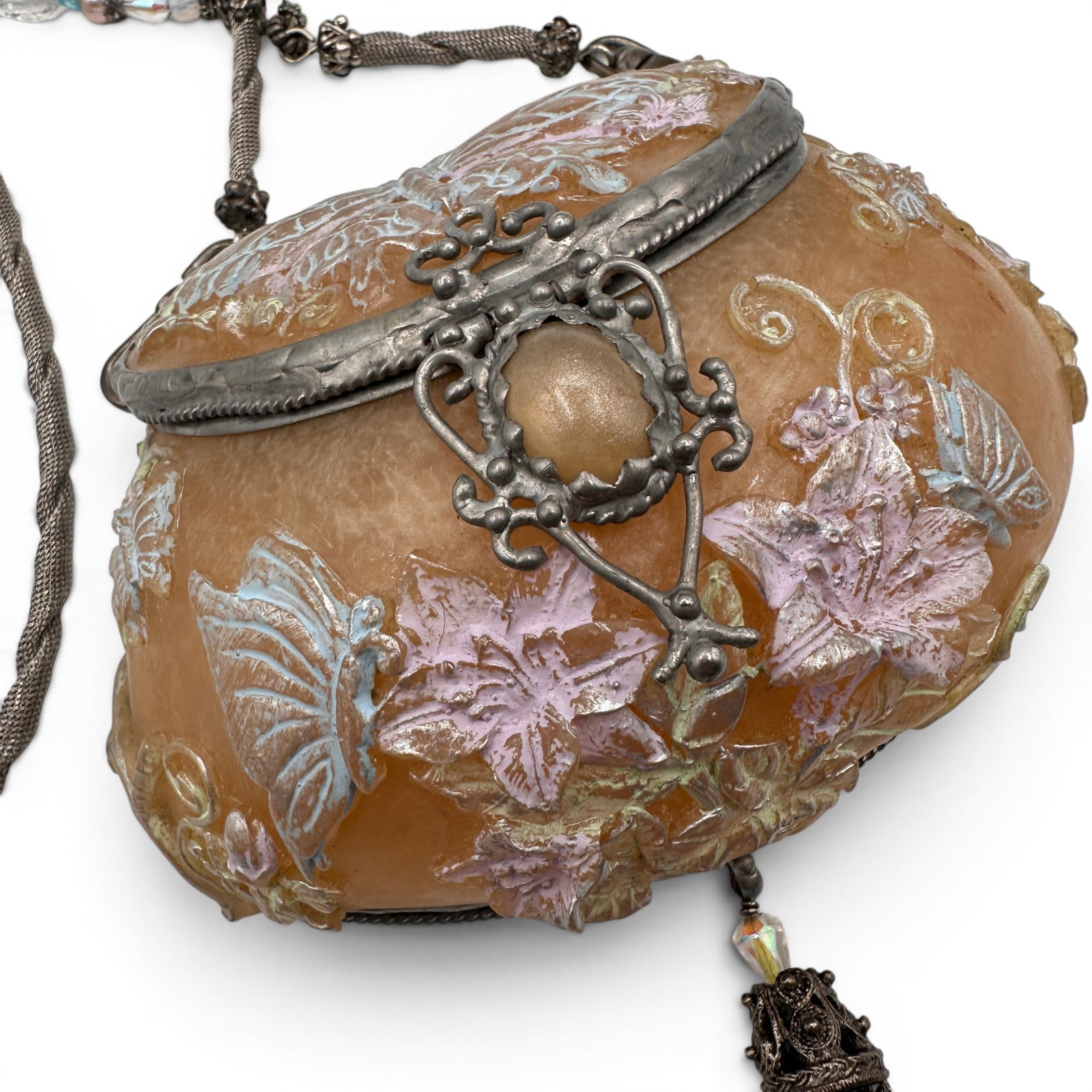Maya Hard Shell Evening Bag with Dustbag: Measures approximately 4 1/2" wide by 4" tall (not including fringe). Strap measures 19" long. Refer to photos for additional condition information as they are a part of the description. Please note l