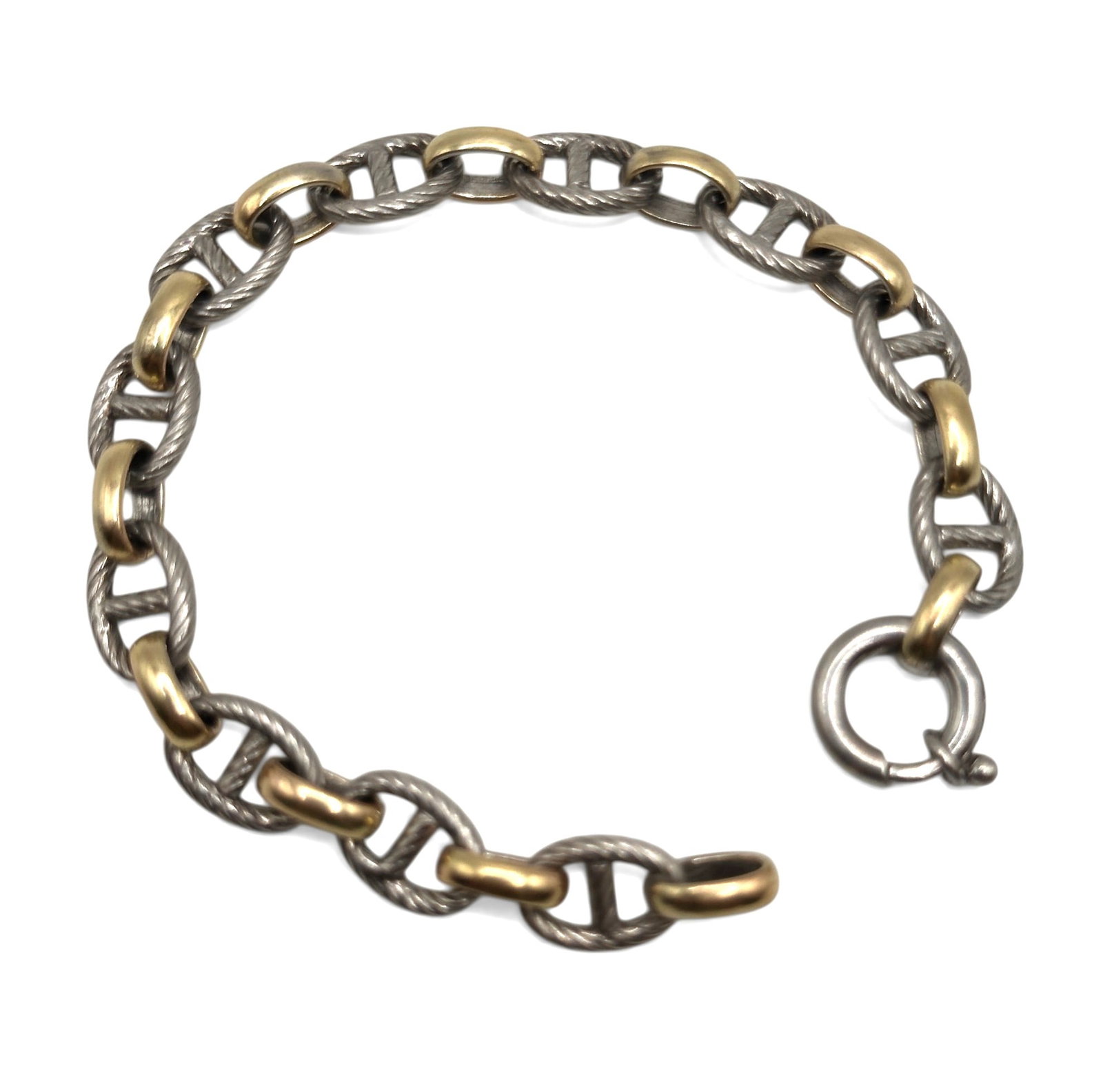 Dyadema 14K Gold and Sterling Silver Cable Oval Link Bracelet: Measures 7 1/4" long. Weighs 15.4 grams. Refer to photos for additional condition information as they are a part of the description. Please note lots may show signs of wear commensurate with age and u