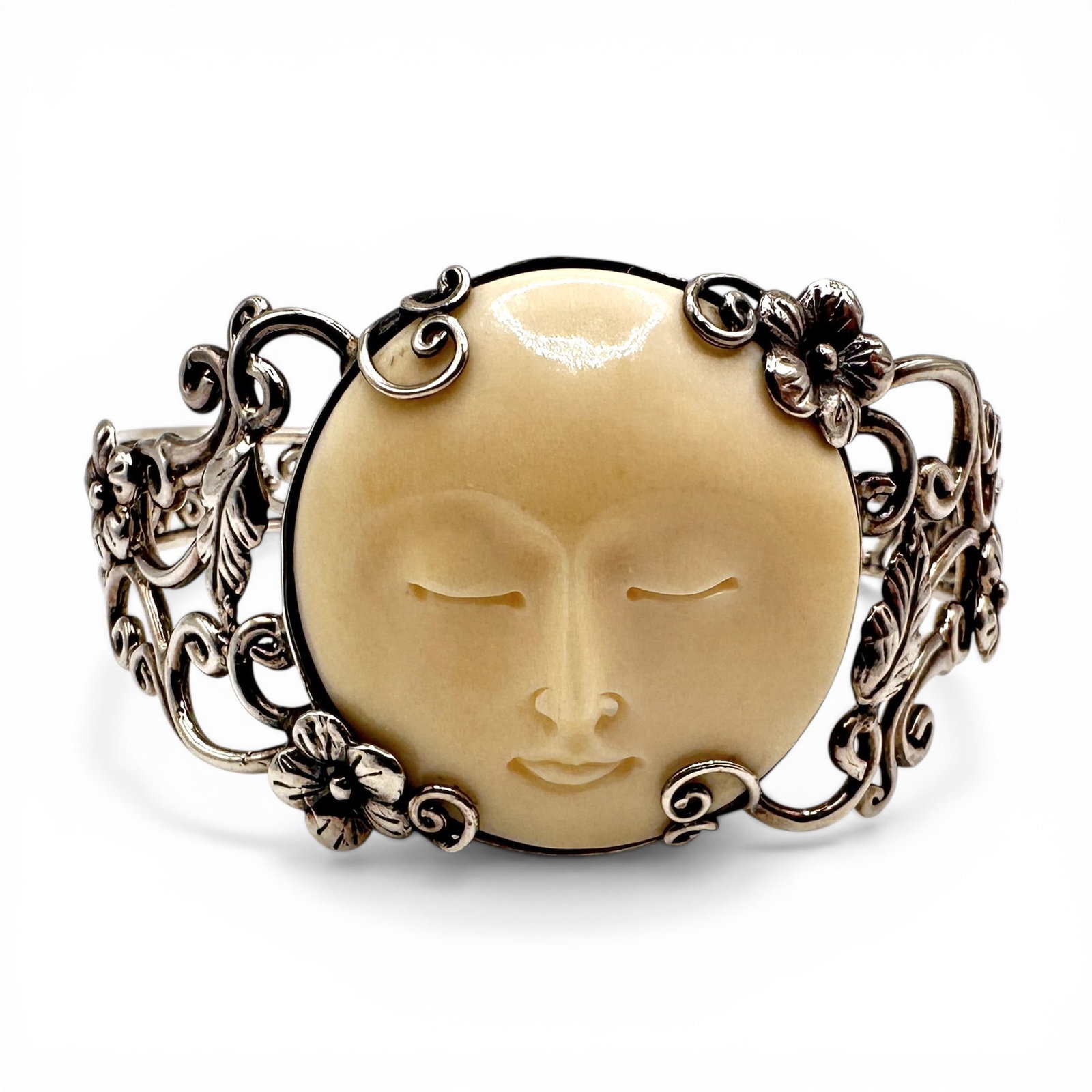 Sterling Silver Carved Bone Goddess Bracelet: Refer to photos for additional condition information as they are a part of the description. Please note lots may show signs of wear commensurate with age and use, and the lack of a statement regarding