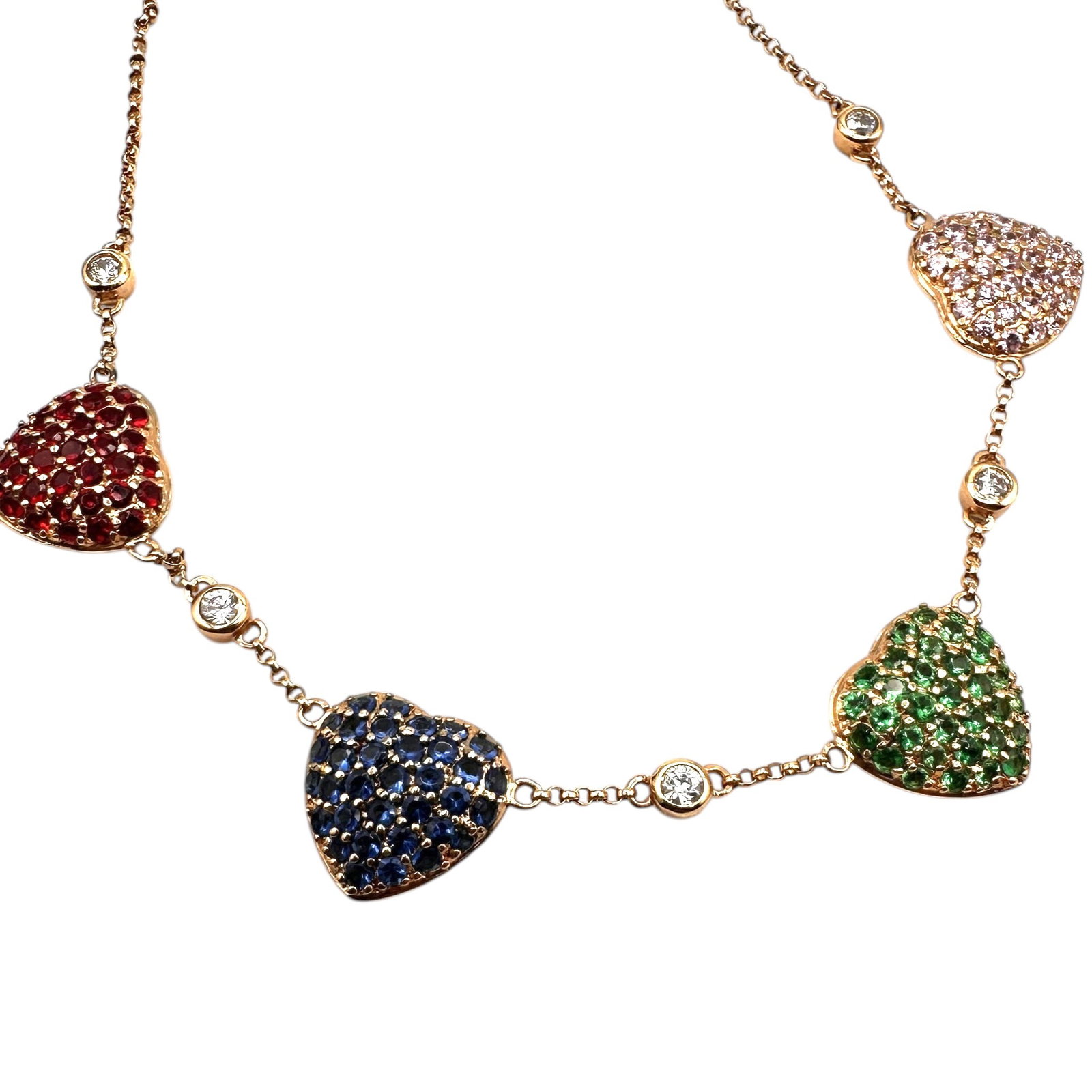 Gold Plated Sterling Silver Jewel Encrusted Heart Necklace: Measures 20" long from end to end. Refer to photos for additional condition information as they are a part of the description. Please note lots may show signs of wear commensurate with age and use, an