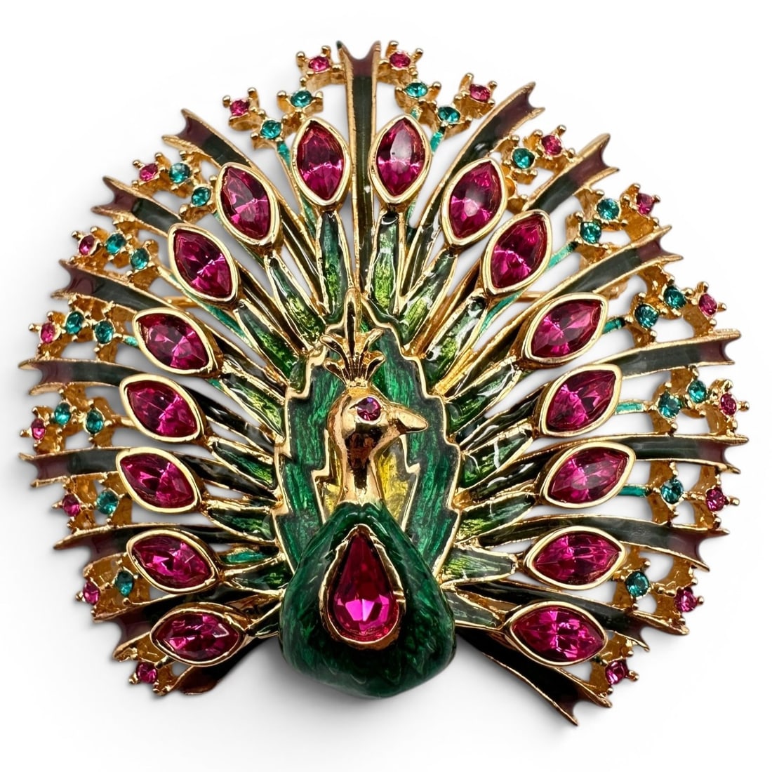 Vintage Graziano Enamel Gemstone Peacock Brooch: Measures approximately 2" x 2". Refer to photos for additional condition information as they are a part of the description. Please note lots may show signs of wear commensurate with age and use, and t