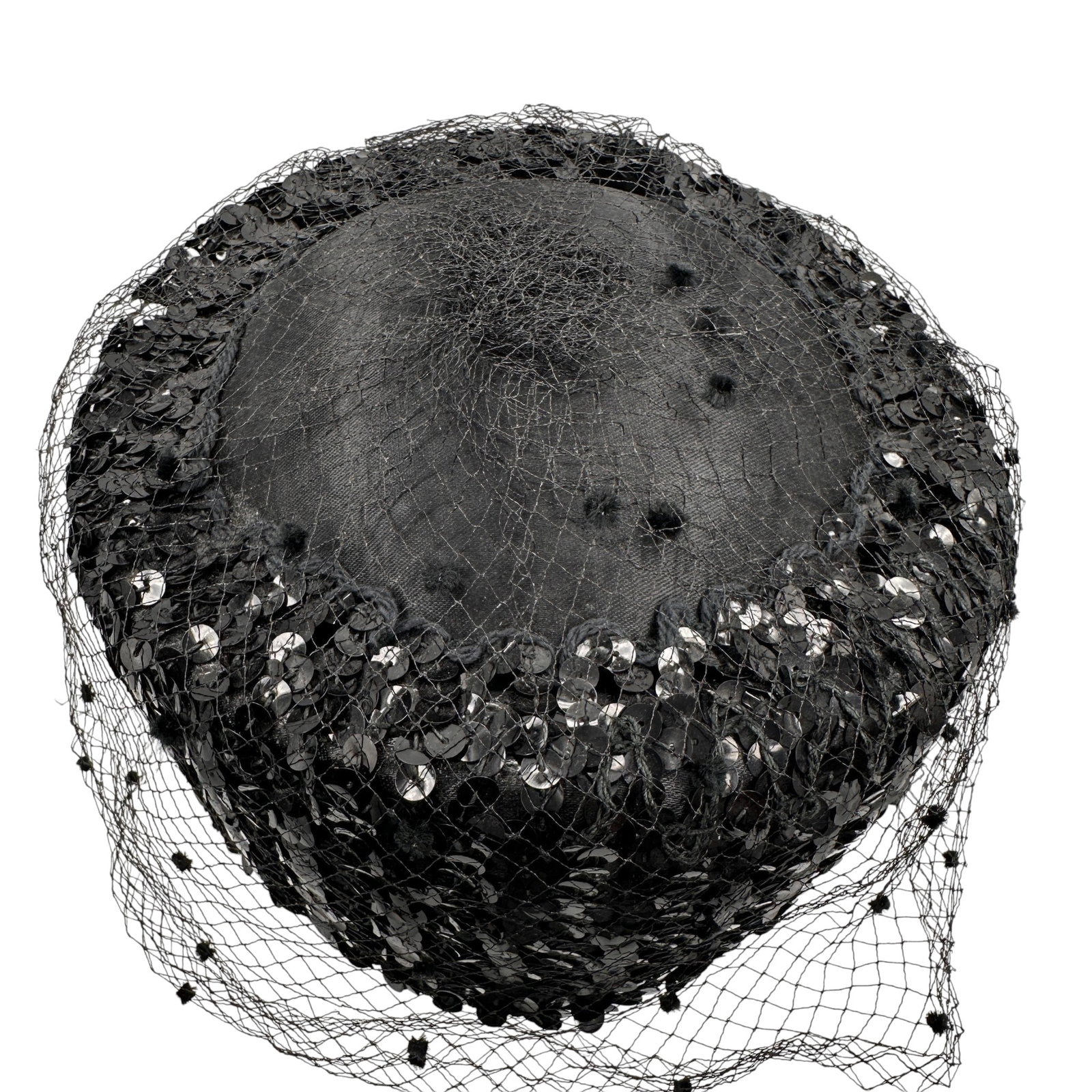 Vintage Black Sequined Hat with Netting: Measures 7" wide x 5" high. Some damage to the netting. Refer to photos for additional condition information as they are a part of the description. Please note lots may show signs of wear commensurate