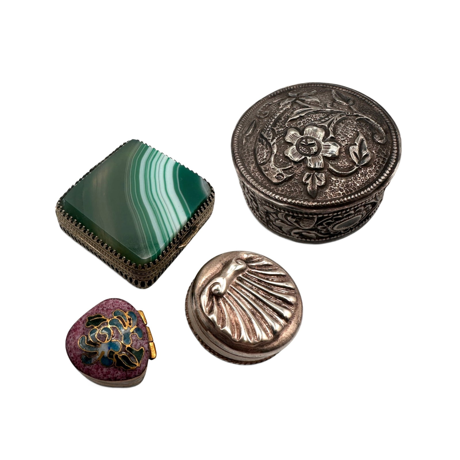 Collection of Vintage Trinket Boxes: Includes 2 sterling silver round boxes, one mini cloisonne, and one green striped agate. All in good condition. Refer to photos for additional condition information as they are a part of the descripti