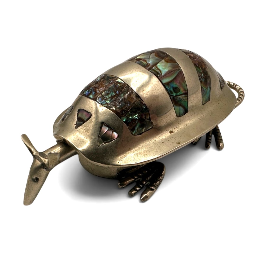 Vintage Alpaca Silver Armadillo Trinket Box: Measures 3" long. Has mother of pearl inlay and marked Alpaca, Mexico on the underside. Refer to photos for additional condition information as they are a part of the description. Please note lots may