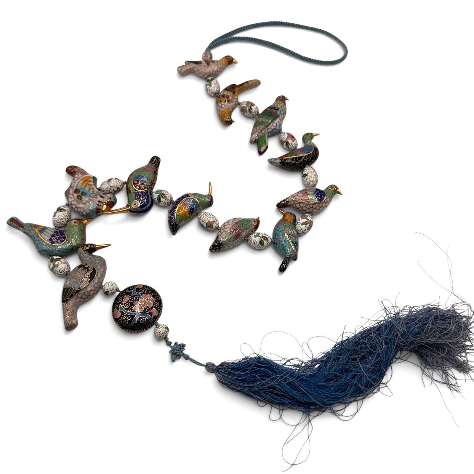 Unusual Cloisonne Bird Hanging Pull Chain: Measures approximately 30" long including tassel at the end. Can be hung on a wall or suspended from a fixture. Refer to photos for additional condition information as they are a part of the descripti