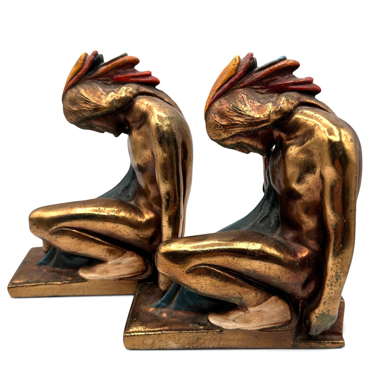 Pair of Pompeian Kneeling Native American Bookends: Measure 8" tall x 6" long x 2 1/2" deep. Each has some oxidizing to the metal finish. Refer to photos for additional condition information as they are a part of the description. Please note lots may s
