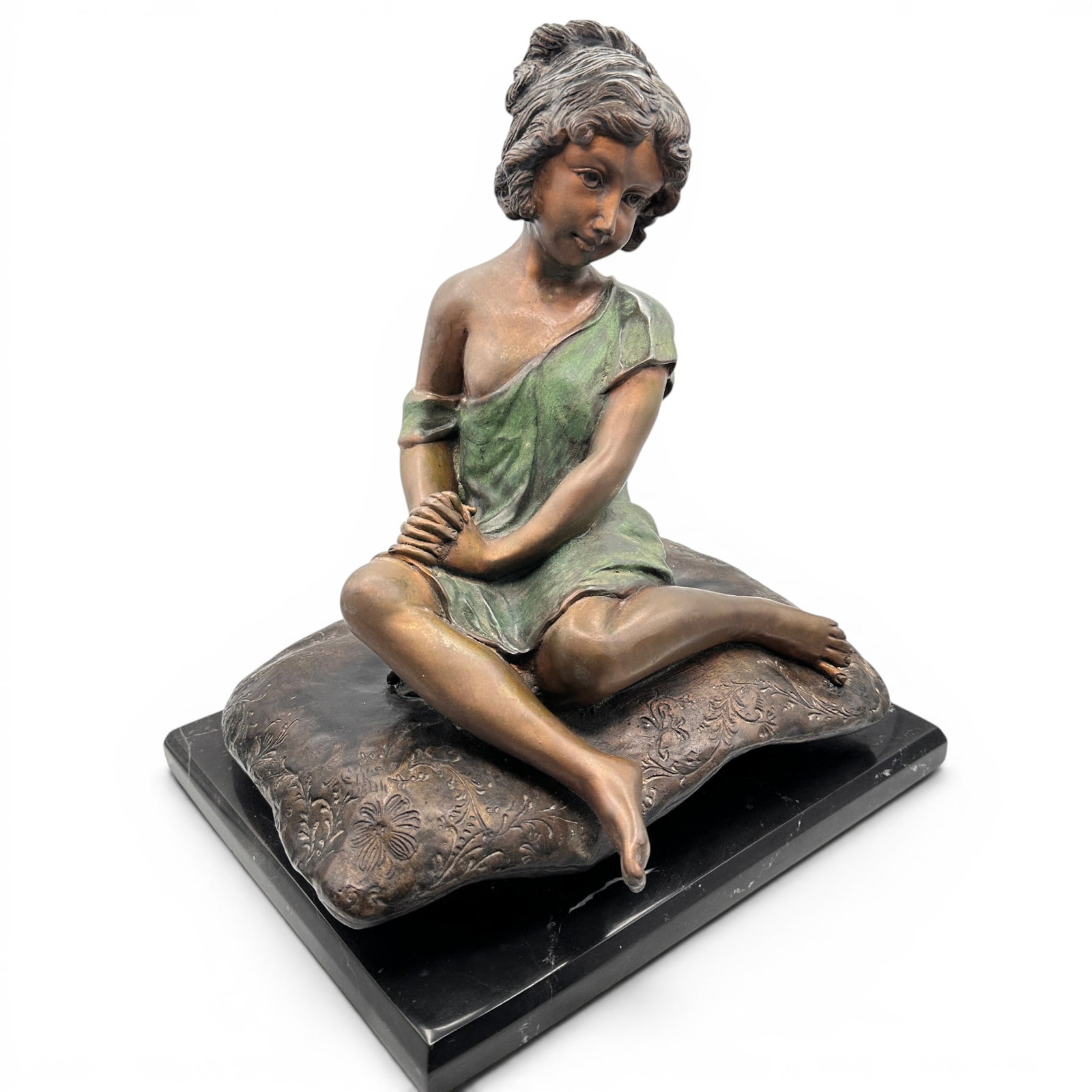 Girl on Pillow Bronze Sculpture after Moreau: Measures 14"H x 12" wide x 10" deep. Actual sculpture looks much darker than the photos. Extremely heavy piece. Refer to photos for additional condition information as they are a part of the descripti