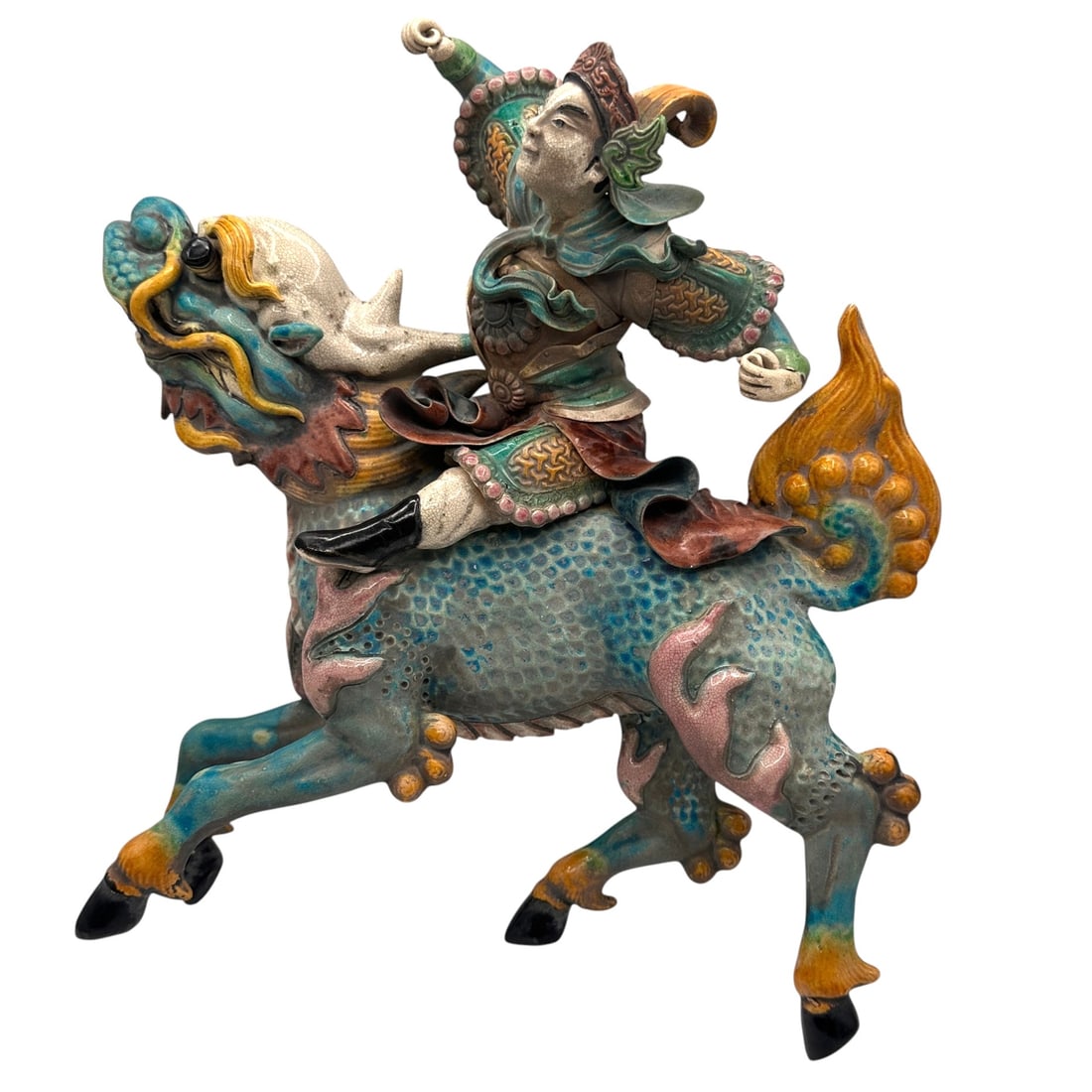 Vintage Chinese Sancai Glazed Pottery Warrior: Measures 14" tall x 14" wide. Refer to photos for additional condition information as they are a part of the description. Please note lots may show signs of wear commensurate with age and use, and the