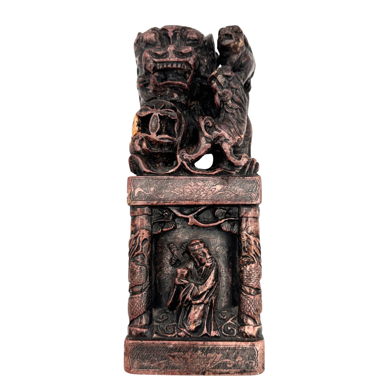Vintage Chinese Foo Dog Guardian Lion Seal: Measures 9" tall x 3" wide x 3" deep. Refer to photos for additional condition information as they are a part of the description. Please note lots may show signs of wear commensurate with age and use,