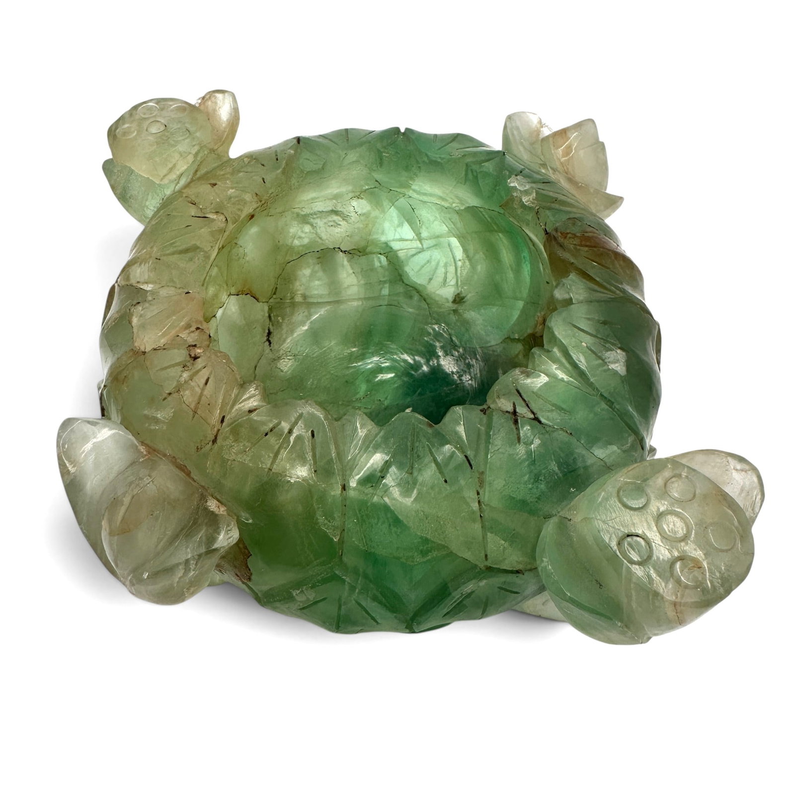 Vintage Fluorite Lotus Flowers Bowl: Measures 8" in diameter including the lotus flower appendages x 4" tall. Refer to photos for additional condition information as they are a part of the description. Please note lots may show signs of 