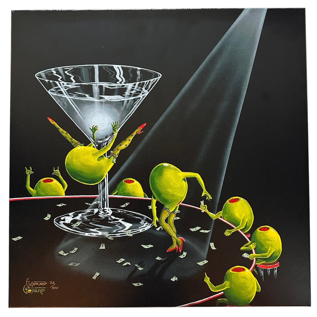 Michael Godard "Dirtier Martini" Ltd Edition Giclee on Canvas 52/300: Entitled "Even Dirtier Martini". Measures 18" square x 1 1/8" deep. Refer to photos for additional condition information as they are a part of the description. Please note lots may show signs of wear 