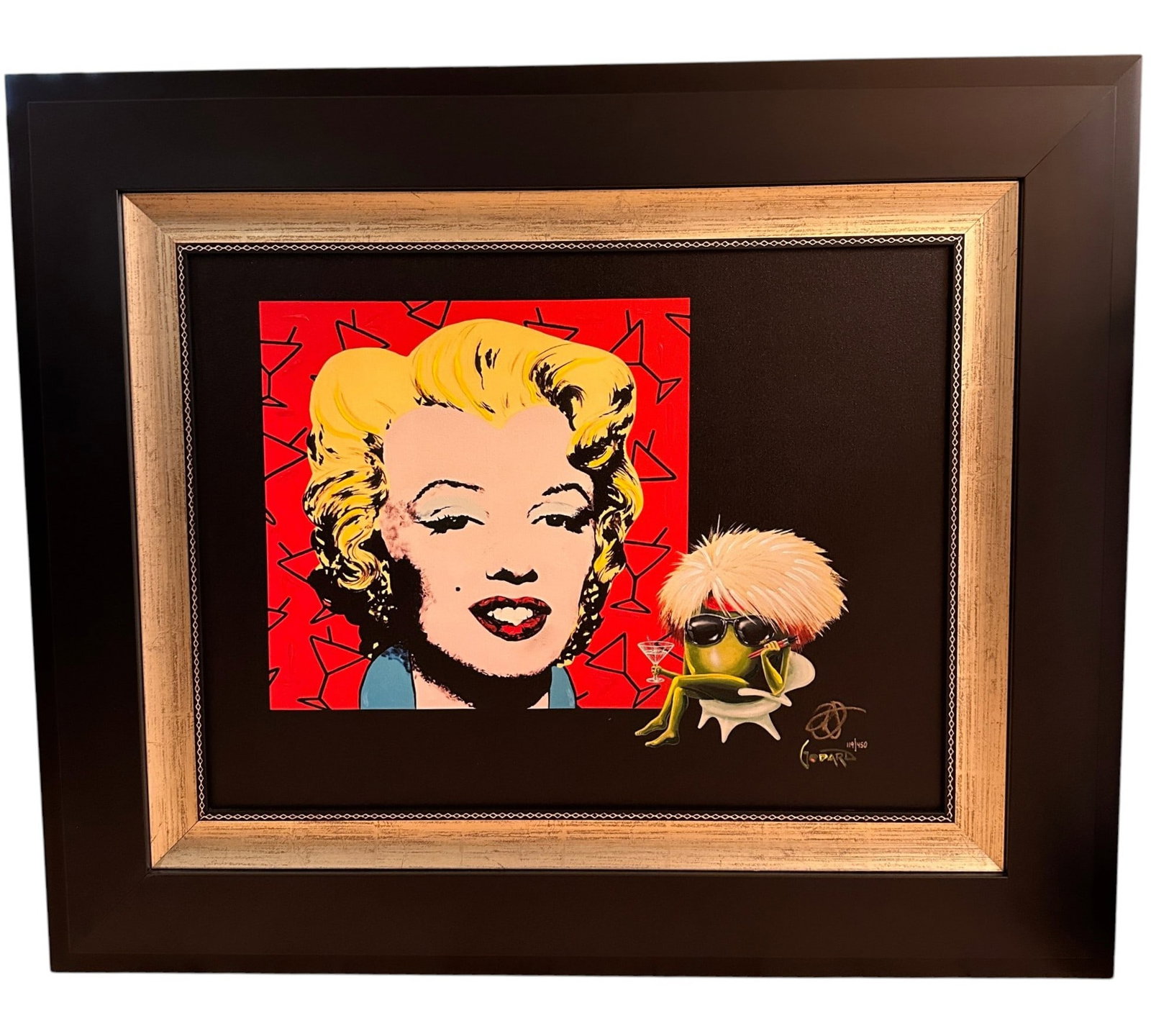 "Marilyn" Embellished Giclee on Canvas by Michael Godard 119/450: Measures 33 1/2" Wide x 28 1/2" Tall x 1 1/4" deep. Beautifully framed, signed and numbered by the artist. Refer to photos for additional condition information as they are a part of the description. P