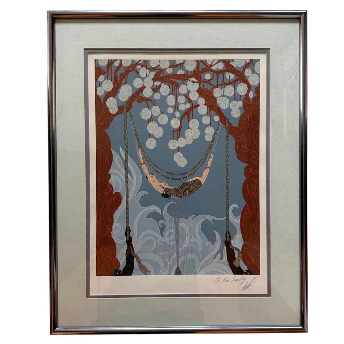 Erte Signed Personalized "Spider Web" Framed Print: Measures 26" H x 20" W x 1 1/4" D. Refer to photos for additional condition information as they are a part of the description. Please note lots may show signs of wear commensurate with age and use, an