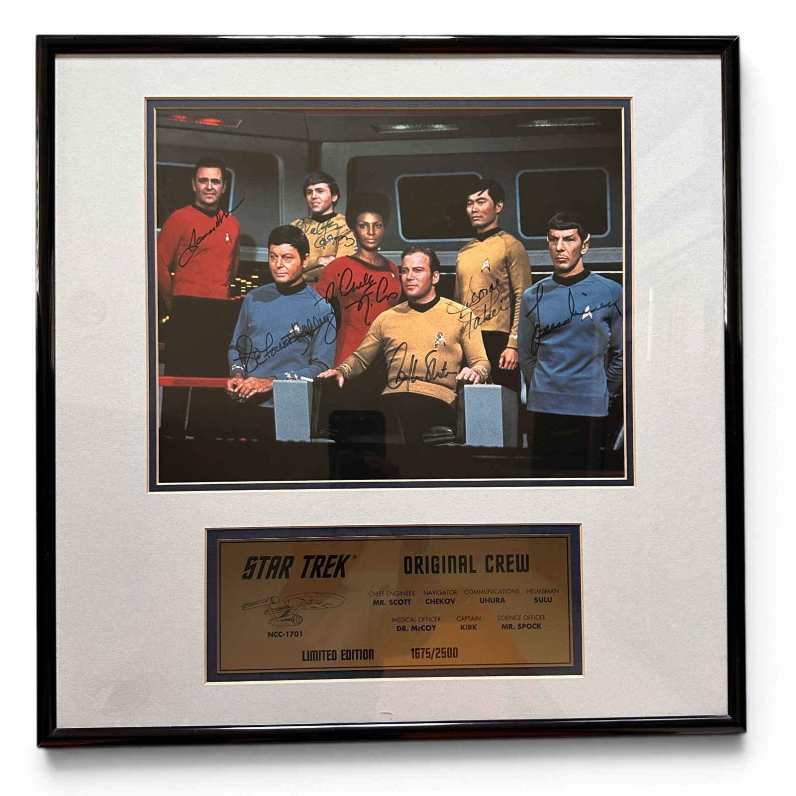 Star Trek Autographed Original Crew Ltd Edn 1675/2500: Measures 20" square. COA on reverse as shown. Refer to photos for additional condition information as they are a part of the description. Please note lots may show signs of wear commensurate with age