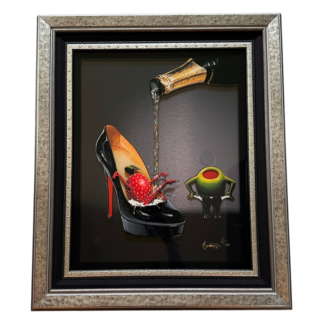 Michael Godard 3D "Champagne Shoe" Signed & Numbered 75/200: Mixed Media Sculptograph Measures 27" W x 32"H. Beautifully framed. Refer to photos for additional condition information as they are a part of the description. Please note lots may show signs of wear