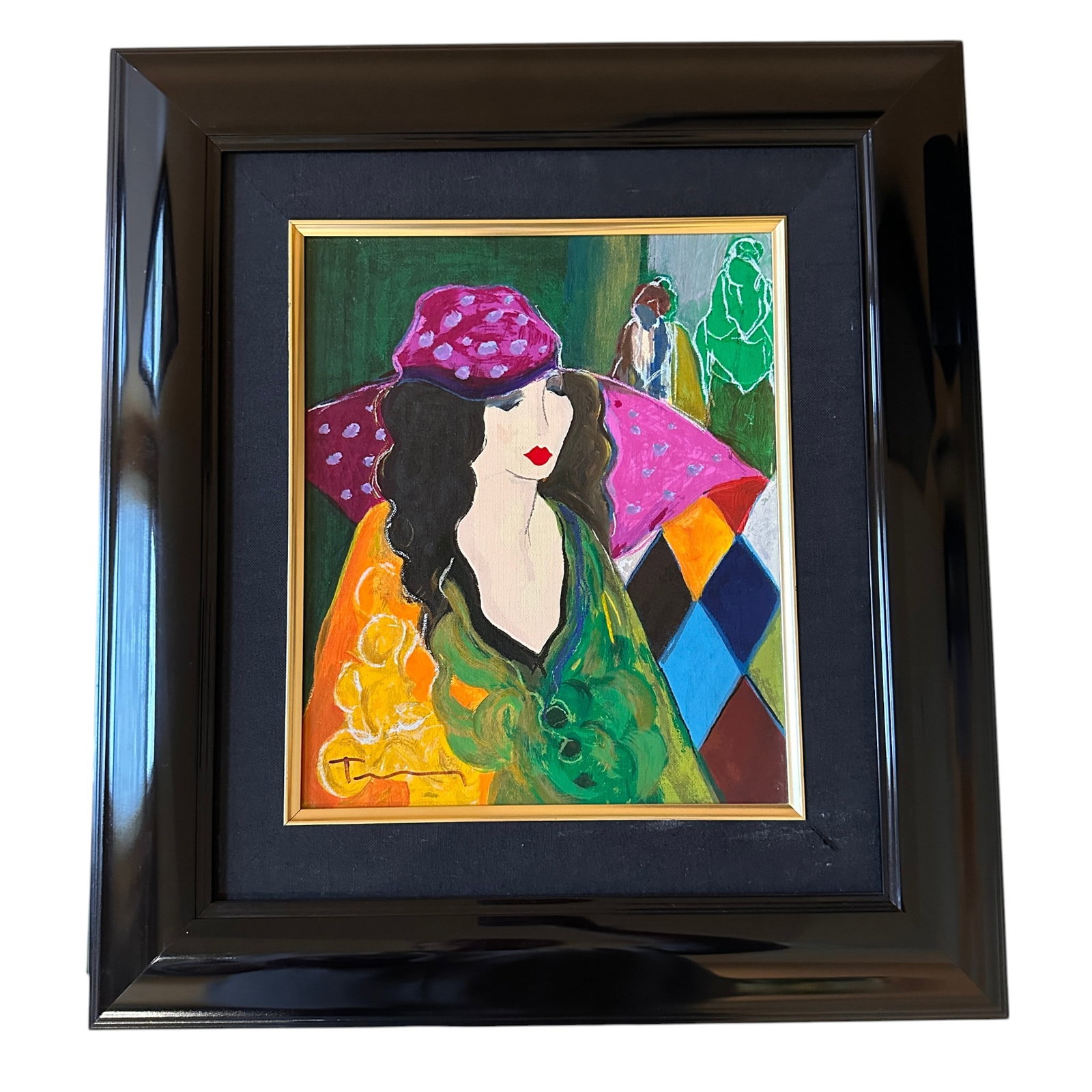 Itzchak Tarkay Embellished Serigraph "Erica in a Hat": Measures 20" tall x 18" wide. Hand signed lower left. Numbered 46/90 en verso. Refer to photos for additional condition information as they are a part of the description. Please note lots may show