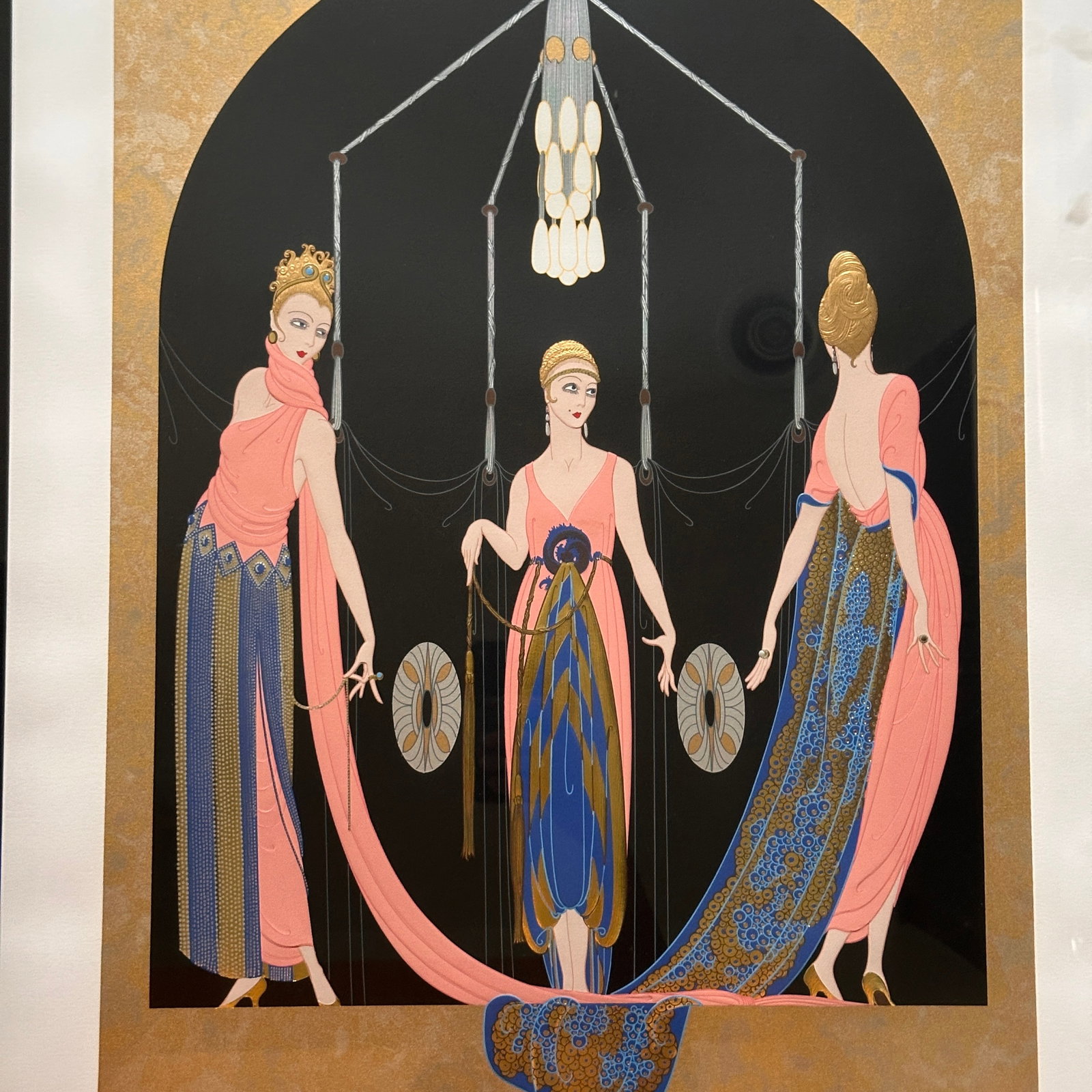 Erte "Three Graces" Signed and Numbered Art Deco Print: Measures 38" tall x 31" wide. Slight damage to metal frame. Refer to photos for additional condition information as they are a part of the description. Please note lots may show signs of wear commensu