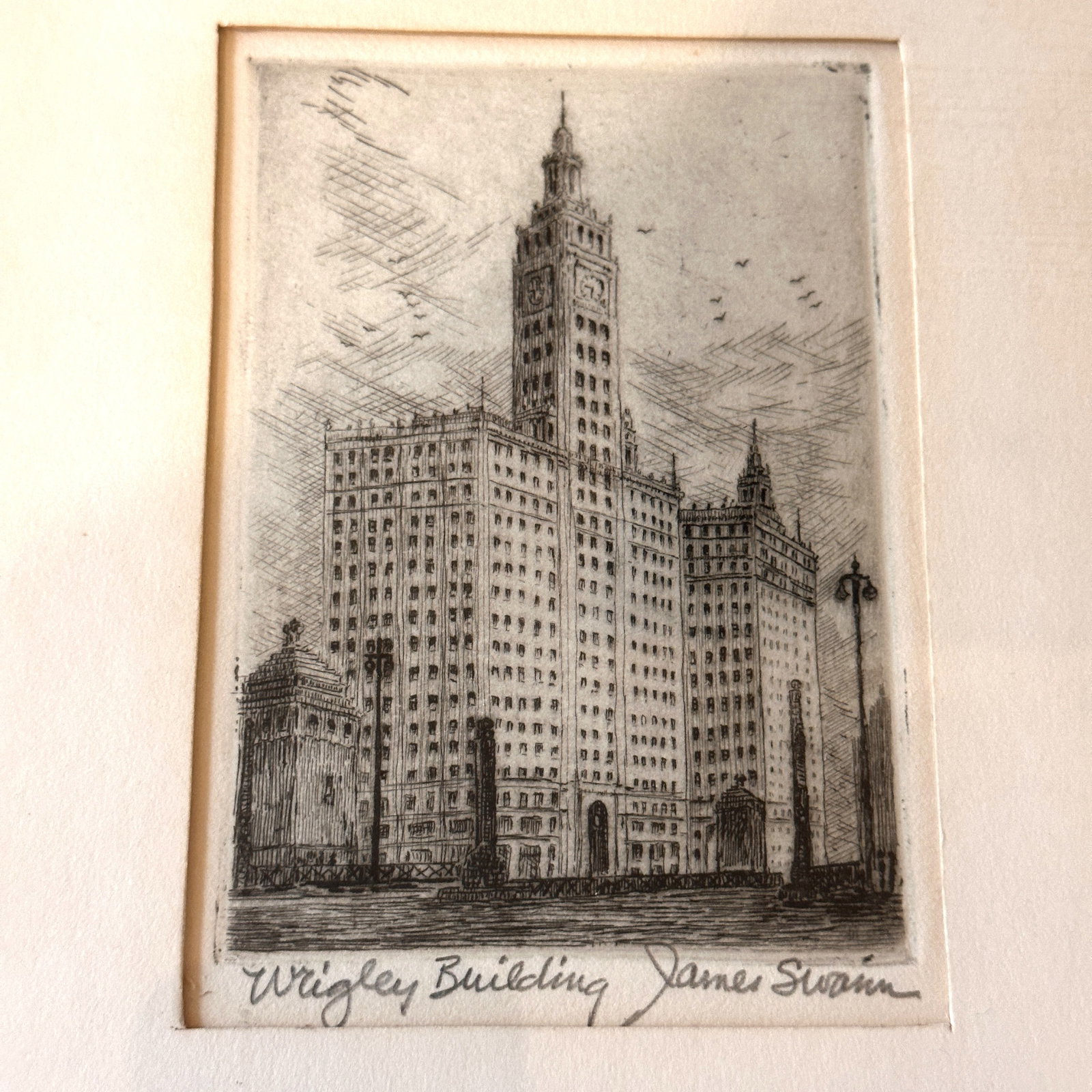 Vintage James Swann Wrigley Building Etching: Frame measures 11" tall x 8 1/2" wide. Image measures 4 1/2". Refer to photos for additional condition information as they are a part of the description. Please note lots may show signs of wear