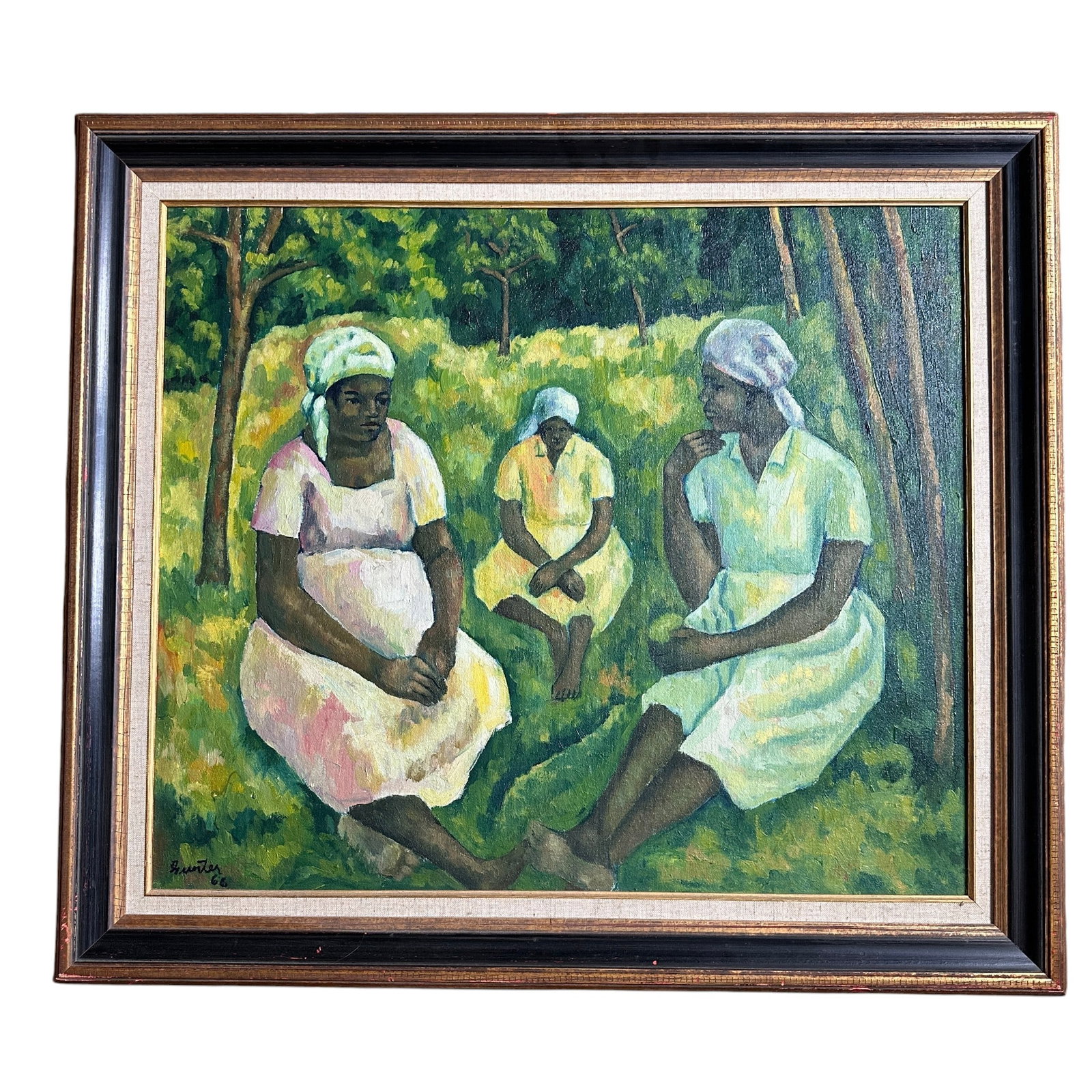 Impressionistic Lester Gunter Original Oil Seated Ladies dated 1966: Measures 33"W x 29"H. Lester Gunter is a Jamaican artist born 1936. He is known for his colorful impressionistic depictions of everyday life in Jamaica. His style is characterized by bold