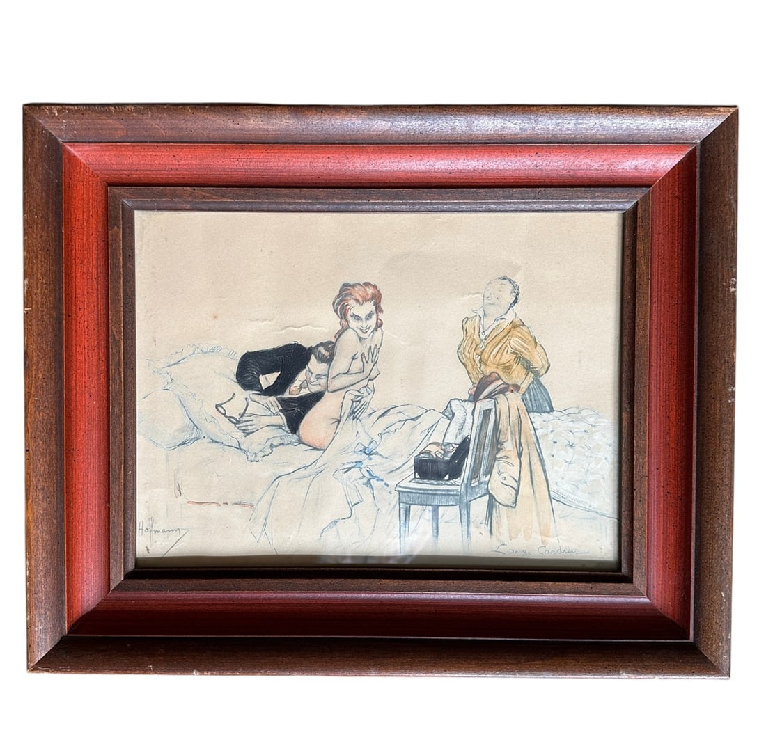 Vintage Lithograph L'Ange Gardien by Gaston Hoffmann: Measures 13"H x 16"W. Also known as "The Guardian Angel". Gaston Hoffman (1883-1977) was a French painter, caricaturist, an illustrator known for his humorous works, particularly medical satires.