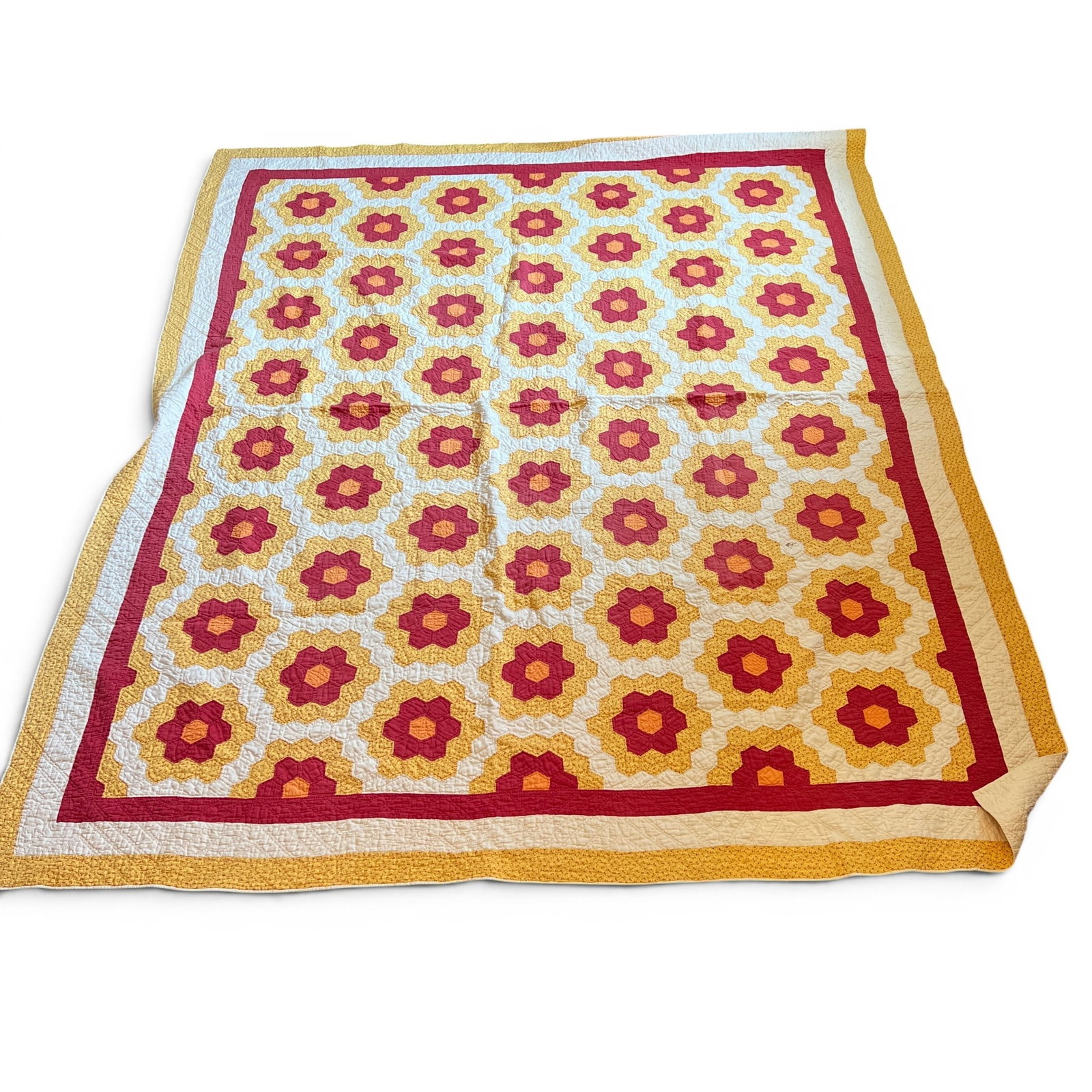 Vintage Quilt - Grandmother's Flower Garden: Measures 73" x 87". Refer to photos for additional condition information as they are a part of the description. Please note lots may show signs of wear commensurate with age and use, and the lack of