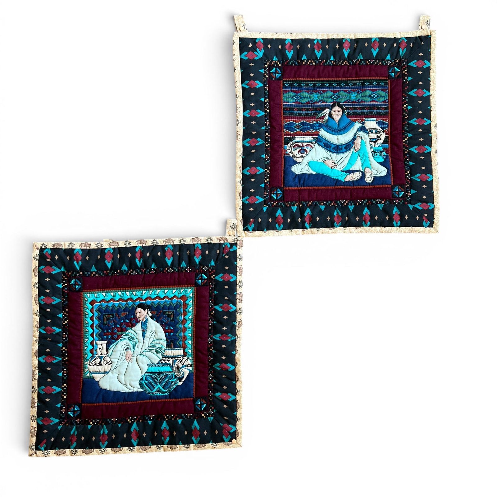 Joan Messmore Quilted Fabric for D?cor: Measures 19" square. Refer to photos for additional condition information as they are a part of the description. Please note lots may show signs of wear commensurate with age and use, and the lack of