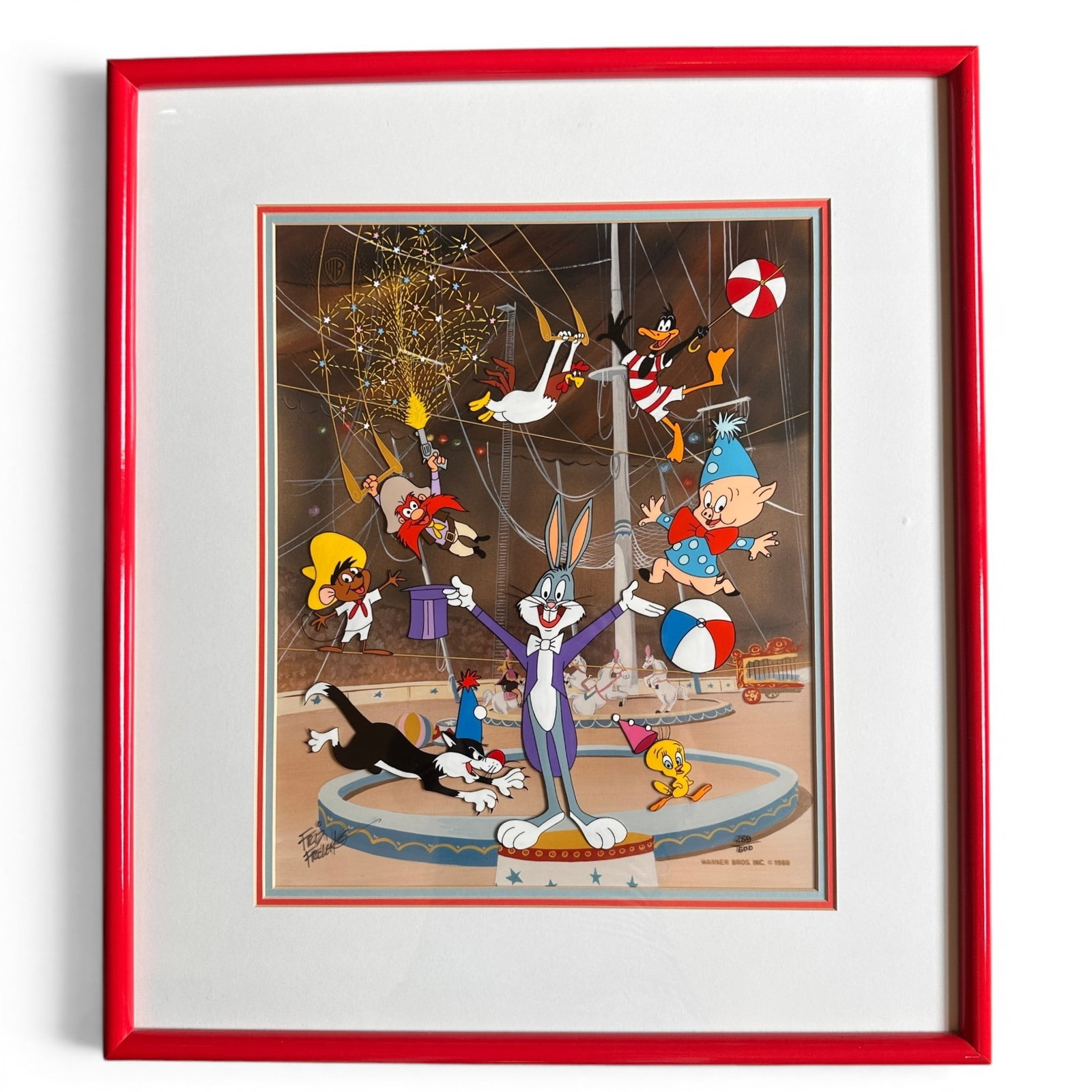 Warner Brothers Bugs Bunny Circus Friz Freleng Hand Signed Ltd Edition Cell: Measures 20 1/2"H x 19 1/2"W. Refer to photos for additional condition information as they are a part of the description. Please note lots may show signs of wear commensurate with age and use, and the