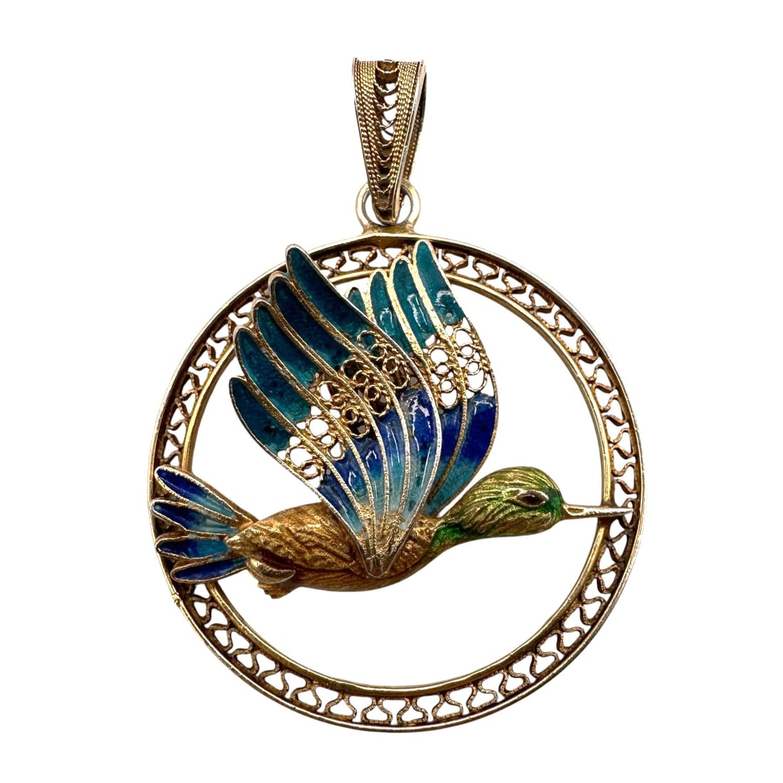 Vintage Enamel Hummingbird Pendant, Gold Tone Openwork Medallion (1 of 5)