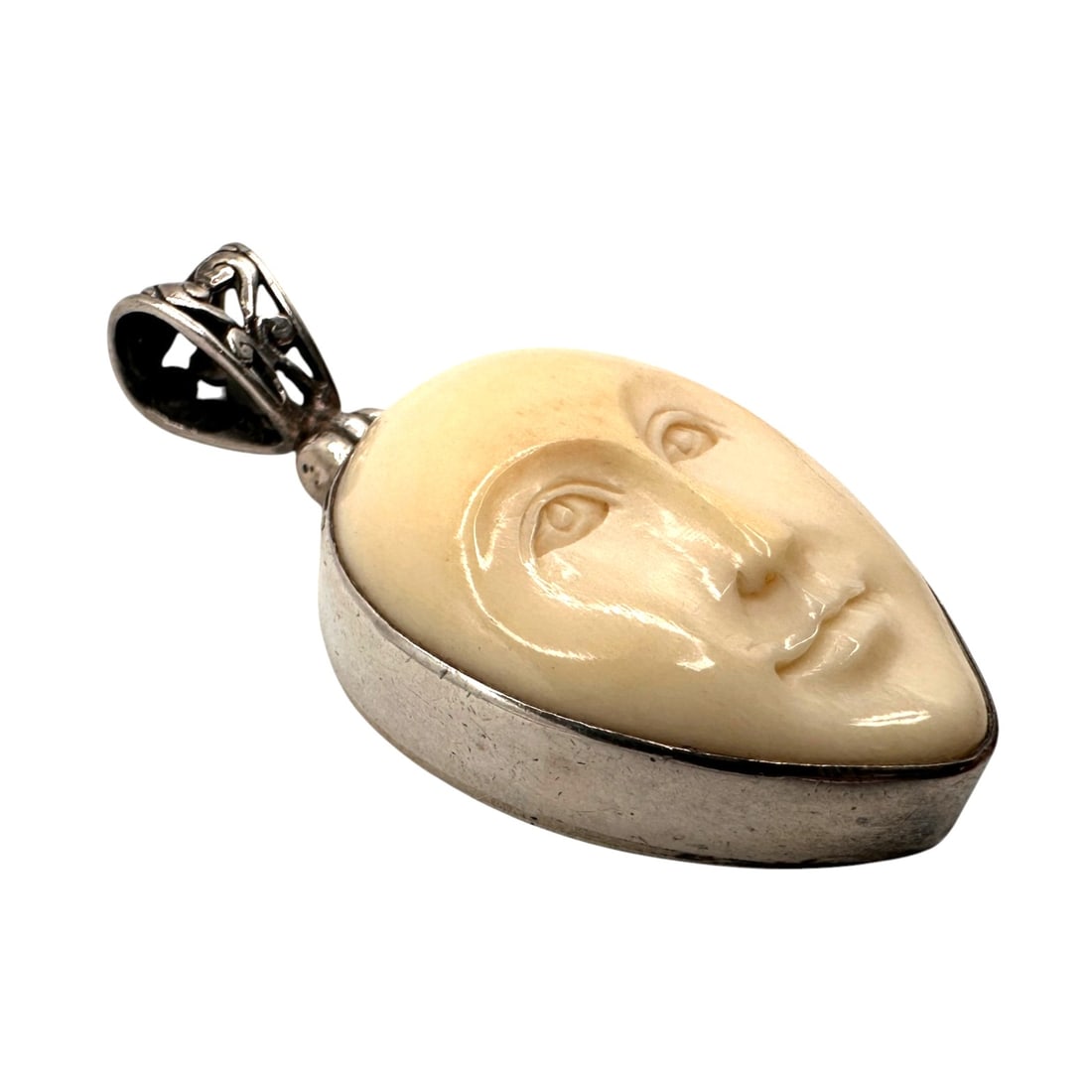 Vintage Carved Face Pendant in Sterling Silver Setting (1 of 4)