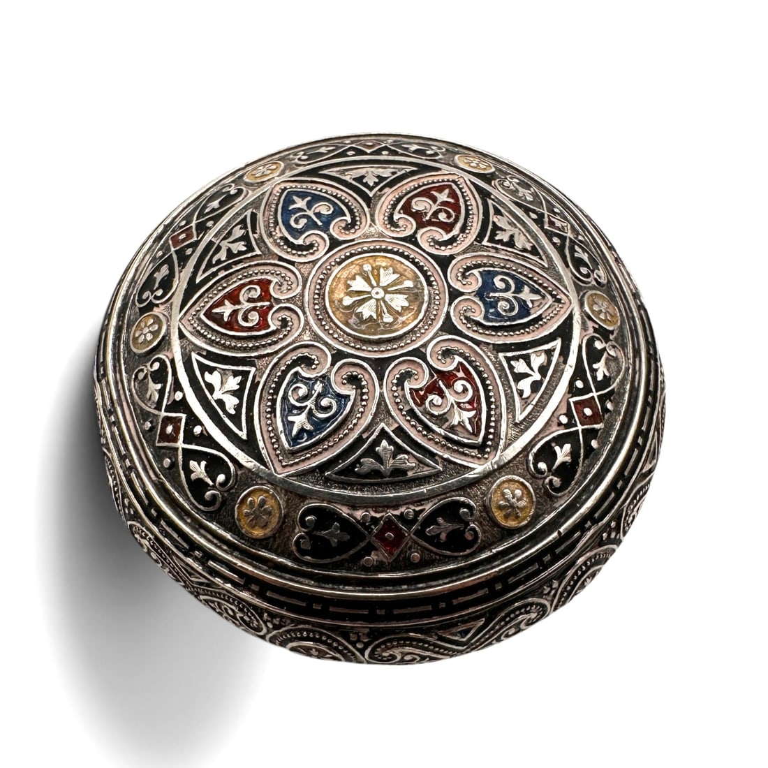 Exquisite Antique Austro-Hungarian Style Sterling Silver Enameled Trinket Box: Exquisite antique Austro-Hungarian style sterling silver trinket box featuring elaborate polychrome enamel decoration in a richly ornamented Renaissance Revival design. The circular hinged box is ador