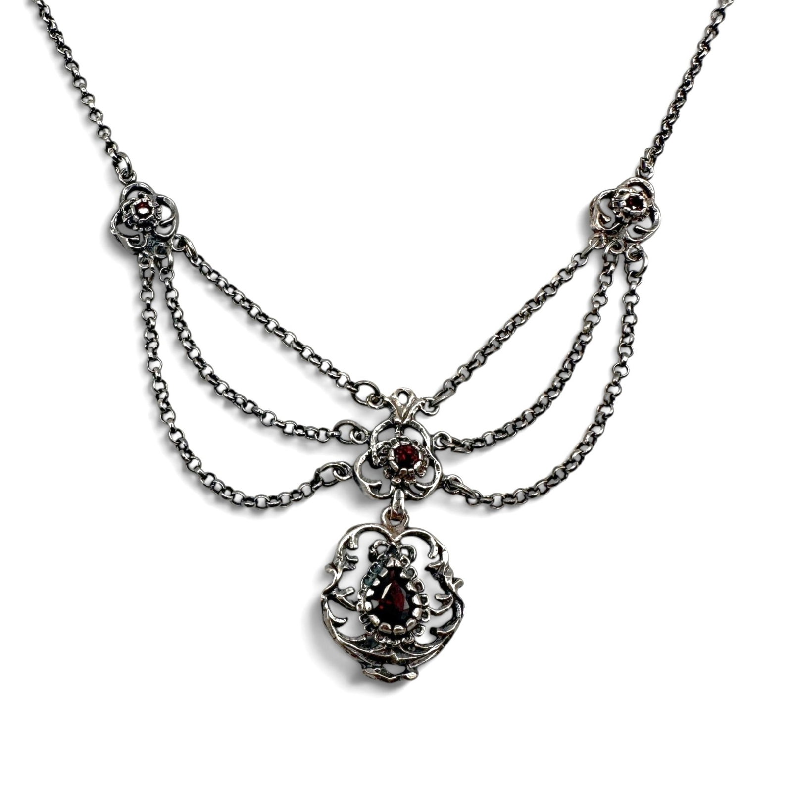 Vintage Sterling Silver Garnet Festoon Necklace (1 of 9)