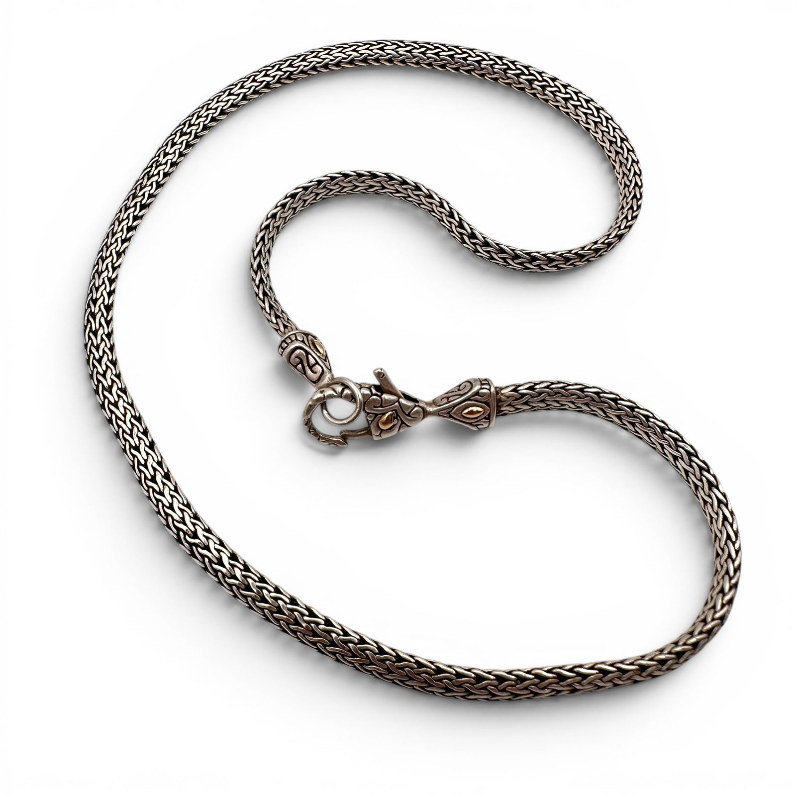 David Schorr Sterling Silver Heavy Woven Necklace with 18K Gold Accents: Measures 18" in length. Item is being sold as found from an estate collection and may show signs of age, use, wear, imperfections, or surface variations consistent with age and handling. We will note 