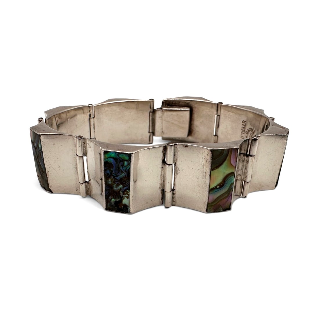 Vintage Modernist Mexican Sterling Silver and Abalone Panel Bracelet (1 of 10)